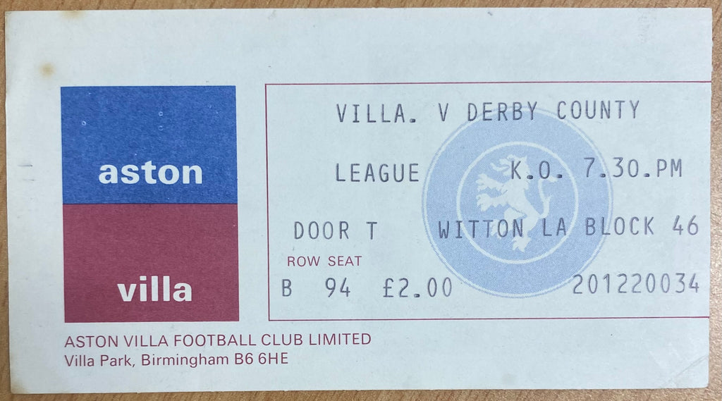 1976/77 ORIGINAL DIVISION 1 TICKET ASTON VILLA V DERBY COUNTY