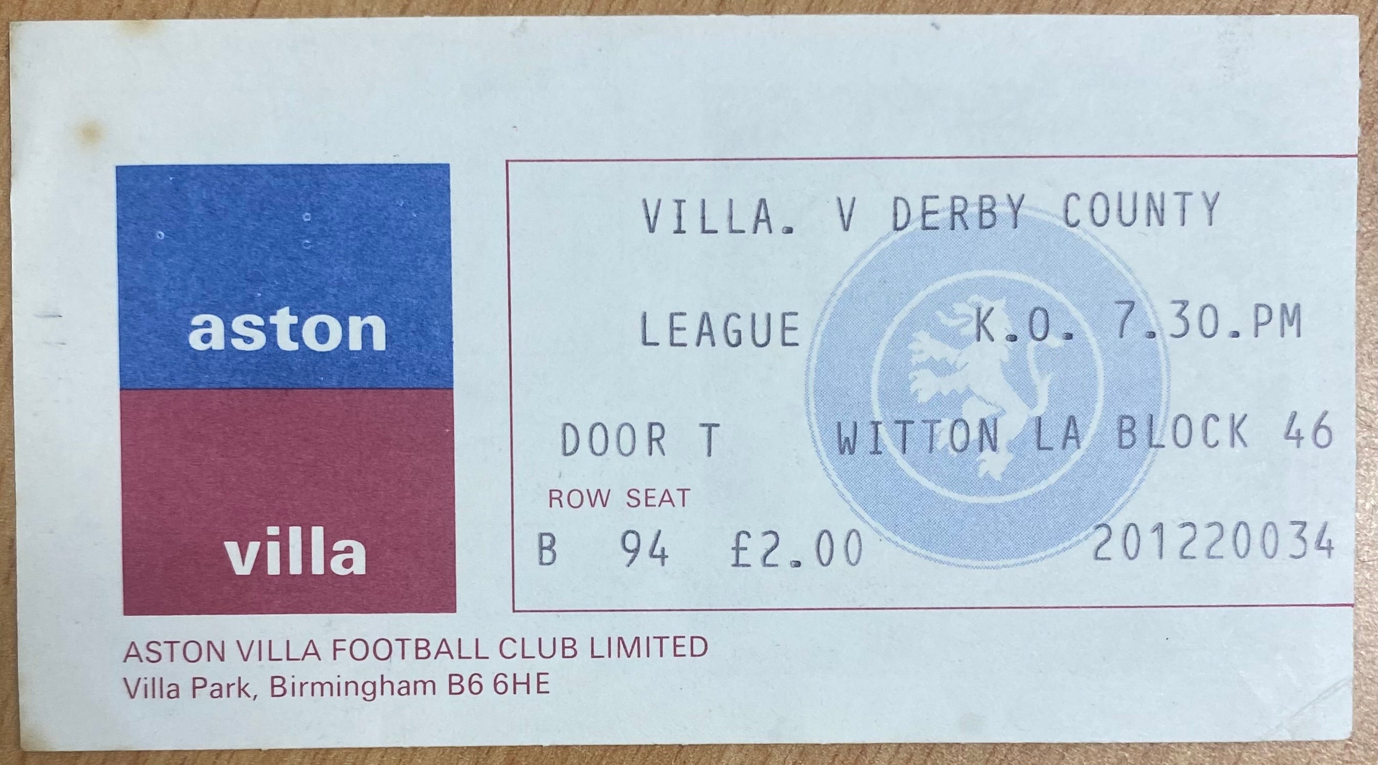 1976/77 ORIGINAL DIVISION 1 TICKET ASTON VILLA V DERBY COUNTY