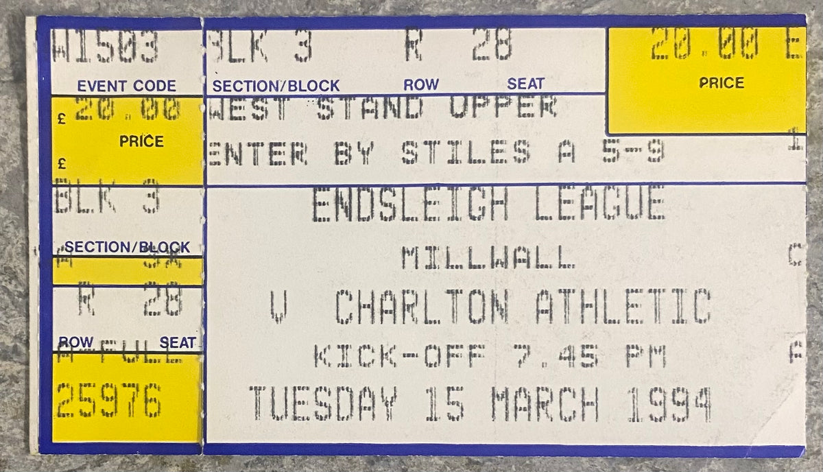 1993/94 ORIGINAL DIVISION 1 TICKET MILLWALL V CHARLTON ATHLETIC