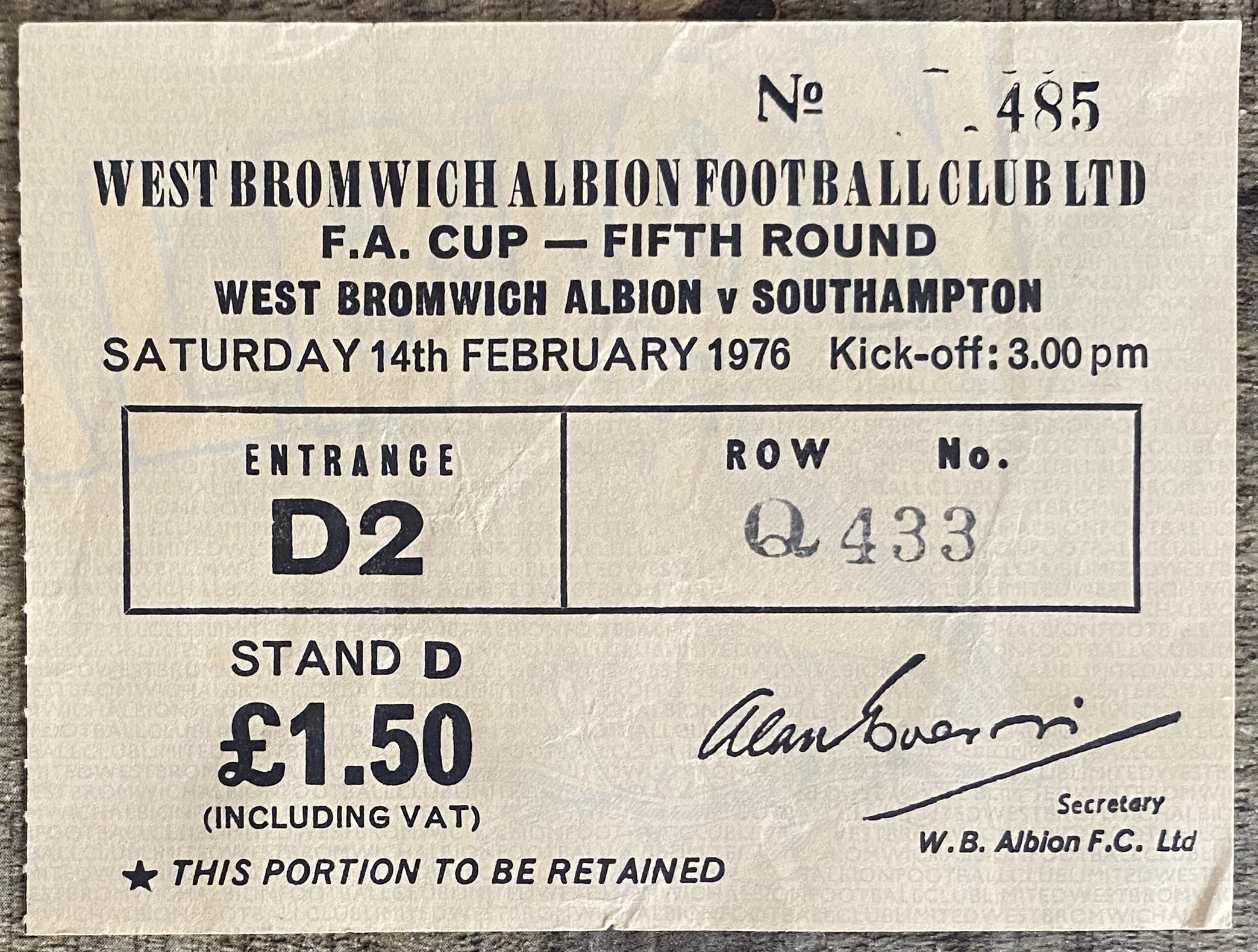 1975/76 ORIGINAL FA CUP 5TH ROUND TICKET WEST BROMWICH ALBION V SOUTHAMPTON