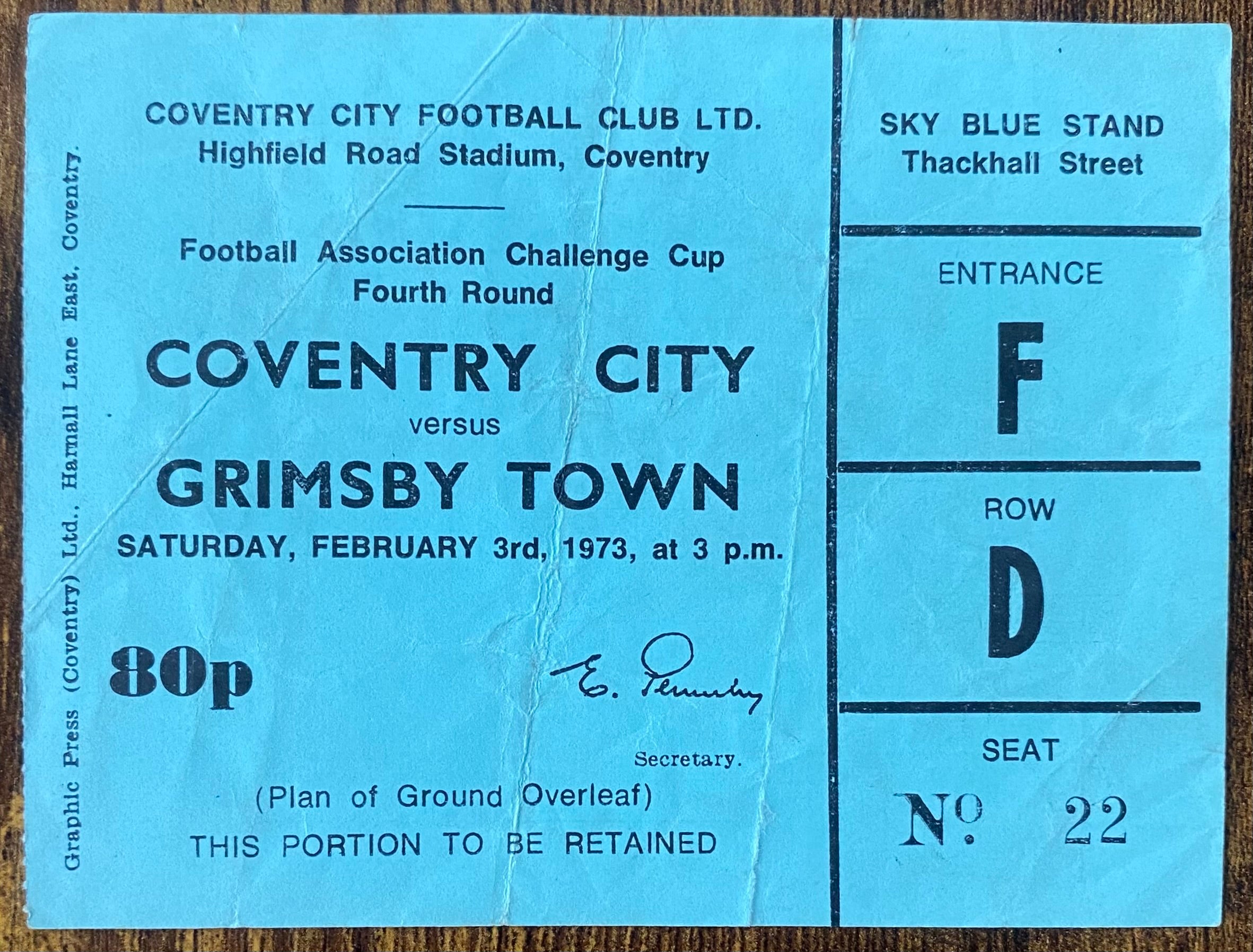 1972/73 ORIGINAL FA CUP 4TH ROUND  TICKET COVENTRY CITY V GRIMSBY TOWN