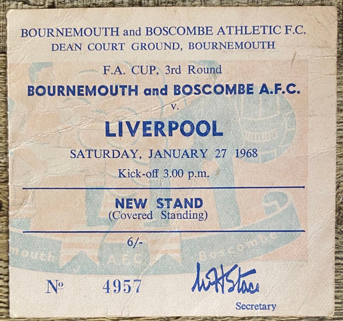 1967/68 ORIGINAL FA CUP 3RD ROUND TICKET BOURNEMOUTH & BOSCOMBE ATHLETIC V LIVERPOOL