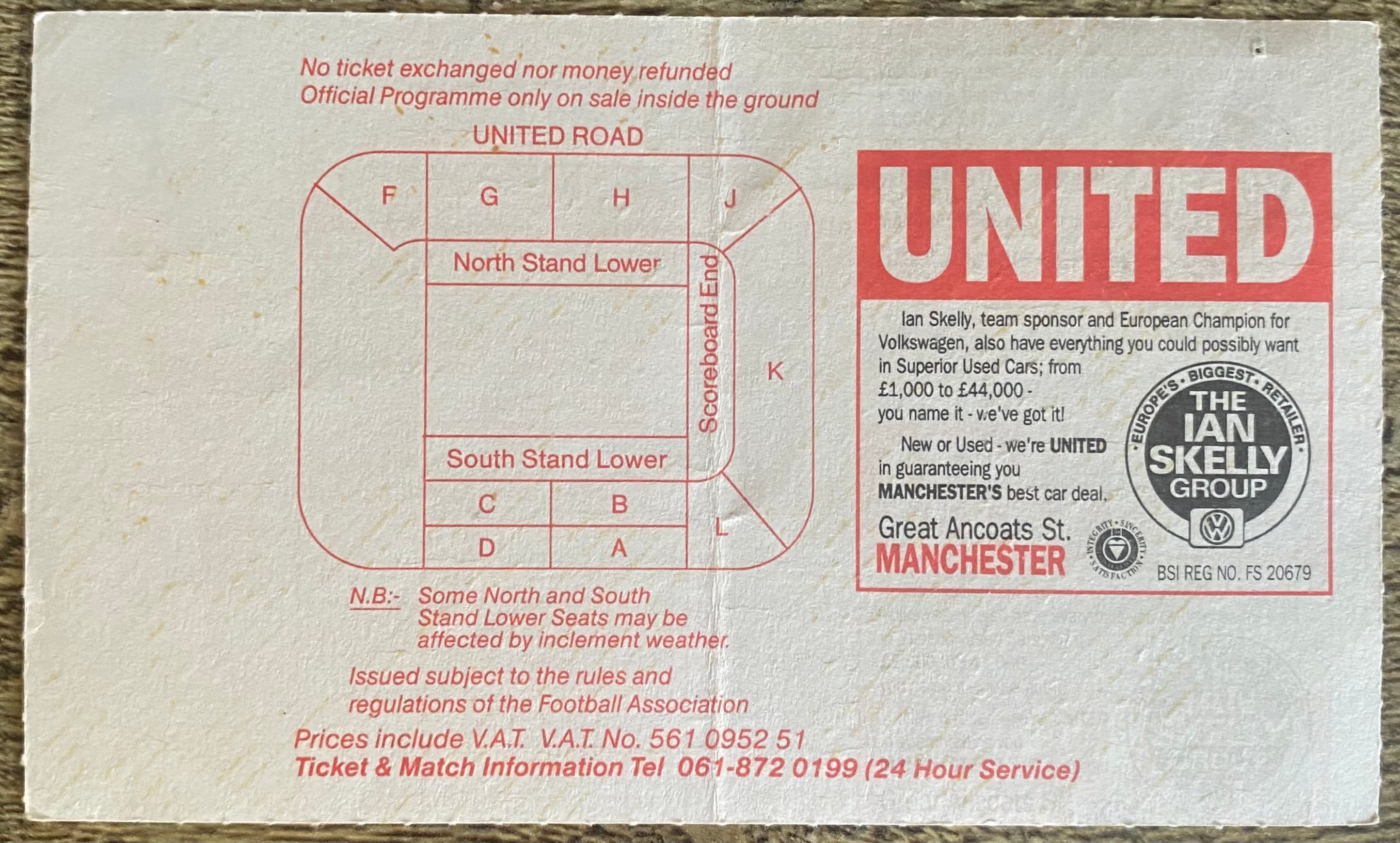 1992/93 ORIGINAL PREMIER LEAGUE TICKET  MANCHESTER UNITED V TOTTENHAM HOTSPUR