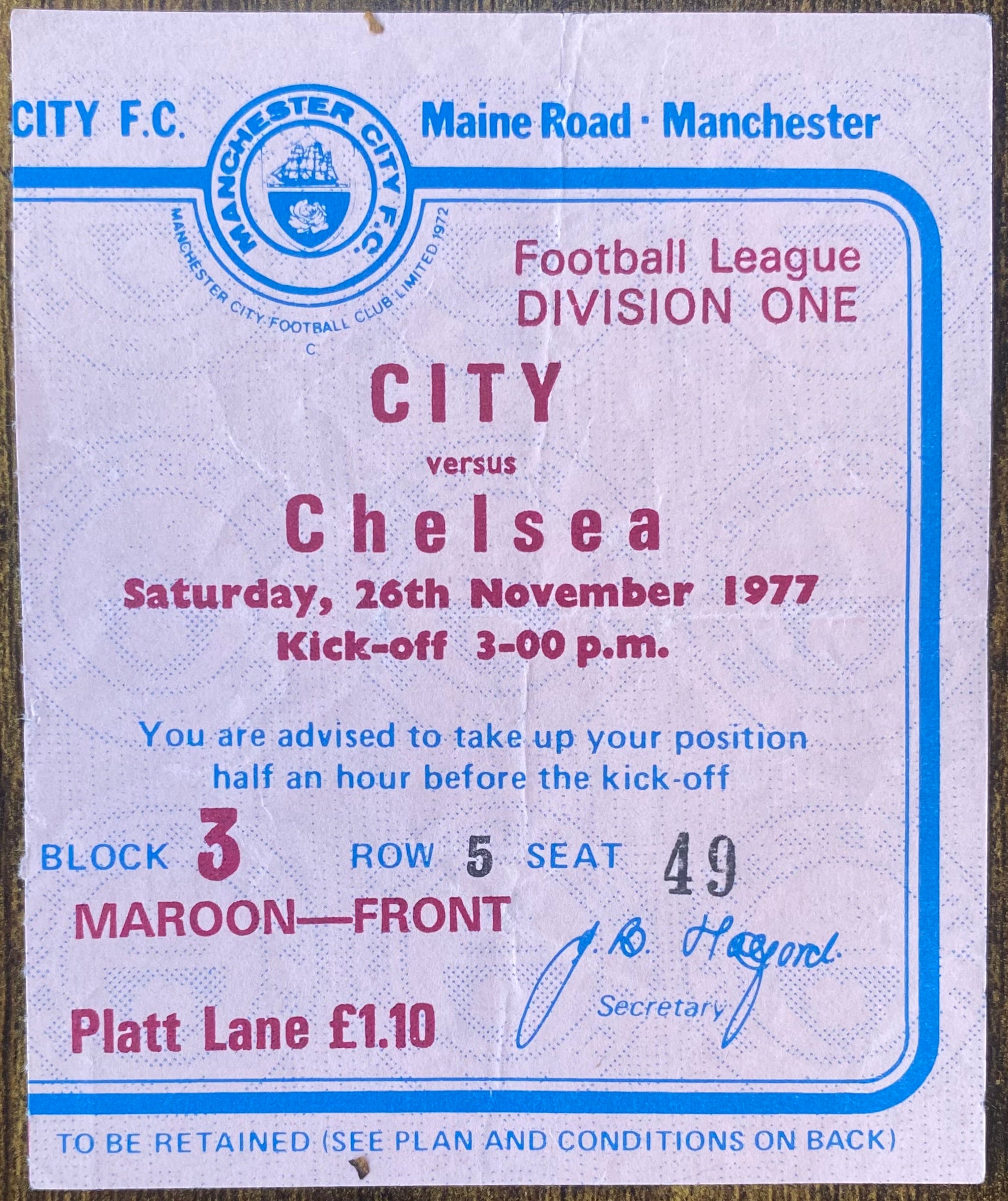 1977/78 ORIGINAL DIVISION 1 TICKET MANCHESTER CITY V CHELSEA