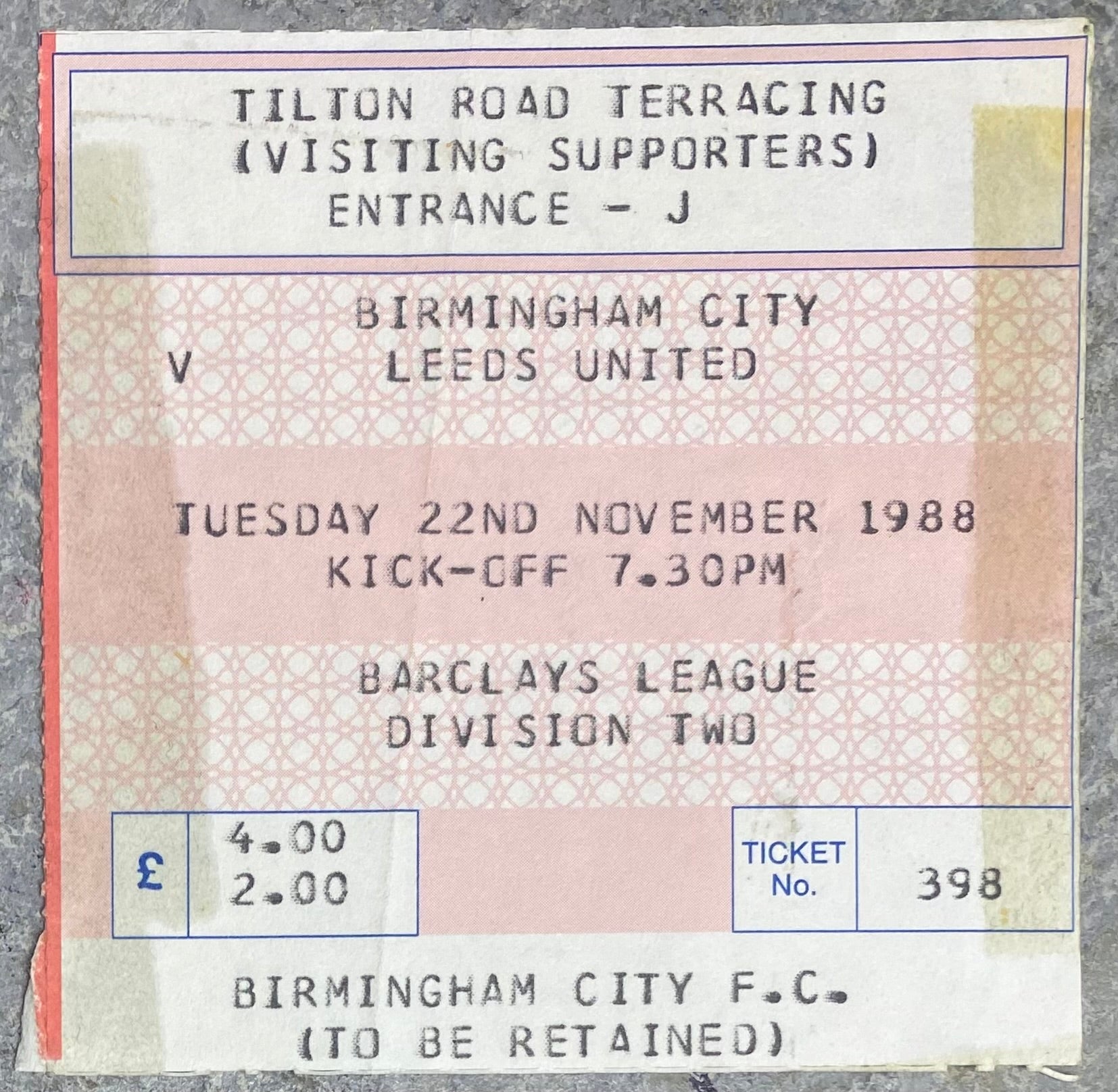 1988/89 ORIGINAL DIVISION TWO TICKET BIRMINGHAM CITY V LEEDS UNITED
