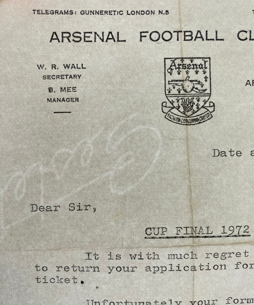 1972 ORIGINAL OFFICIAL LETTER FROM ARSENAL REGUARDING FA CUP FINAL TICKET V LEEDS UNITED