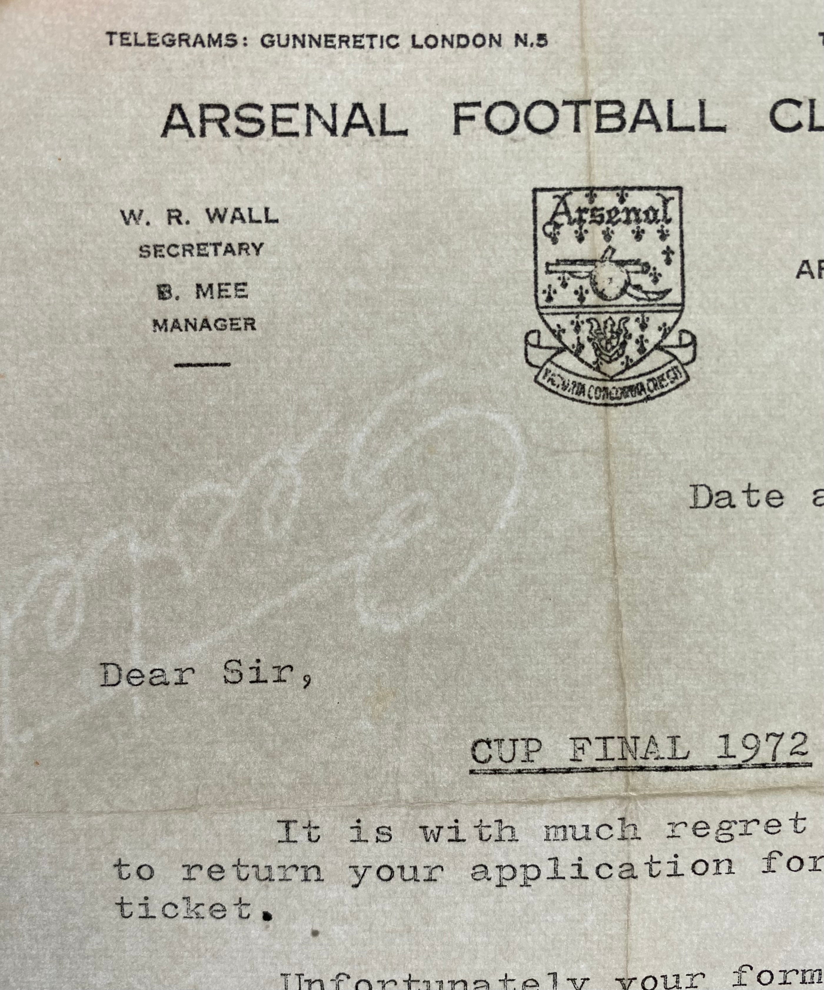 1972 ORIGINAL OFFICIAL LETTER FROM ARSENAL REGUARDING FA CUP FINAL TICKET V LEEDS UNITED
