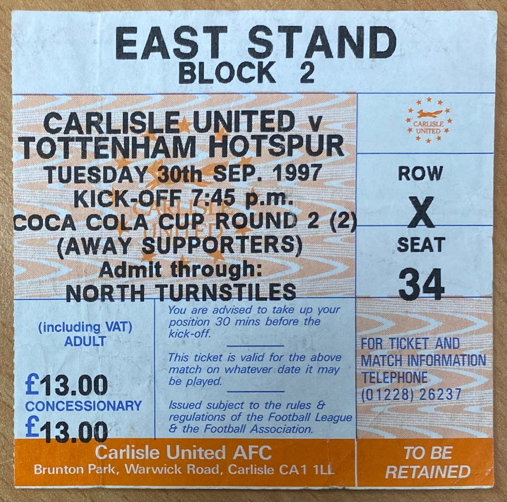 1997/98 ORIGINAL COCA COLA CUP 2ND ROUND 2ND LEG TICKET CARLISLE UNITED V TOTTENHAM HOTSPUR