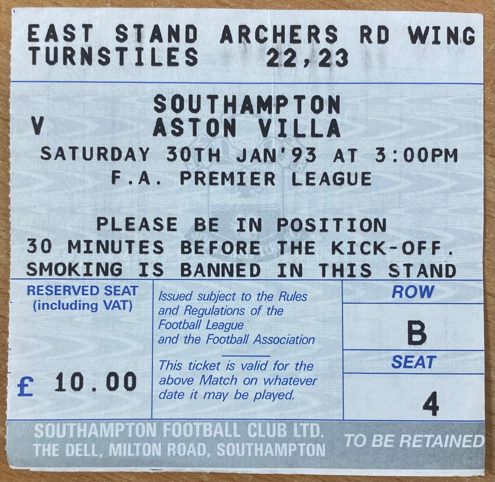 1992/93 ORIGINAL PREMIER LEAGUE TICKET SOUTHAMPTON V ASTON VILLA