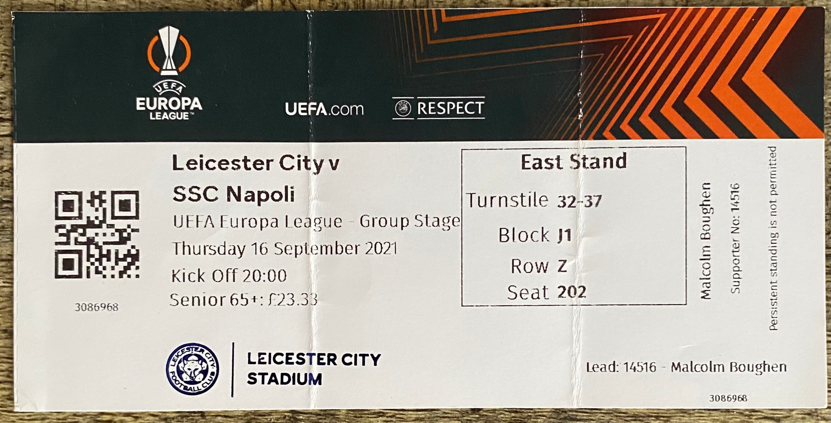 2021/22 ORIGINAL EUROPA LEAGUE GROUP STAGE TICKET LEICESTER CITY V SSC NAPOLI
