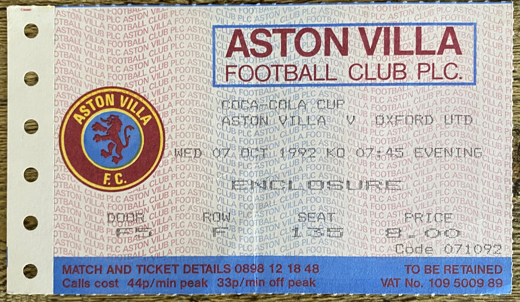 1992/93 ORIGINAL COCA COLA 2ND ROUND 2ND LEG TICKET ASTON VILLA V OXFORD UNITED
