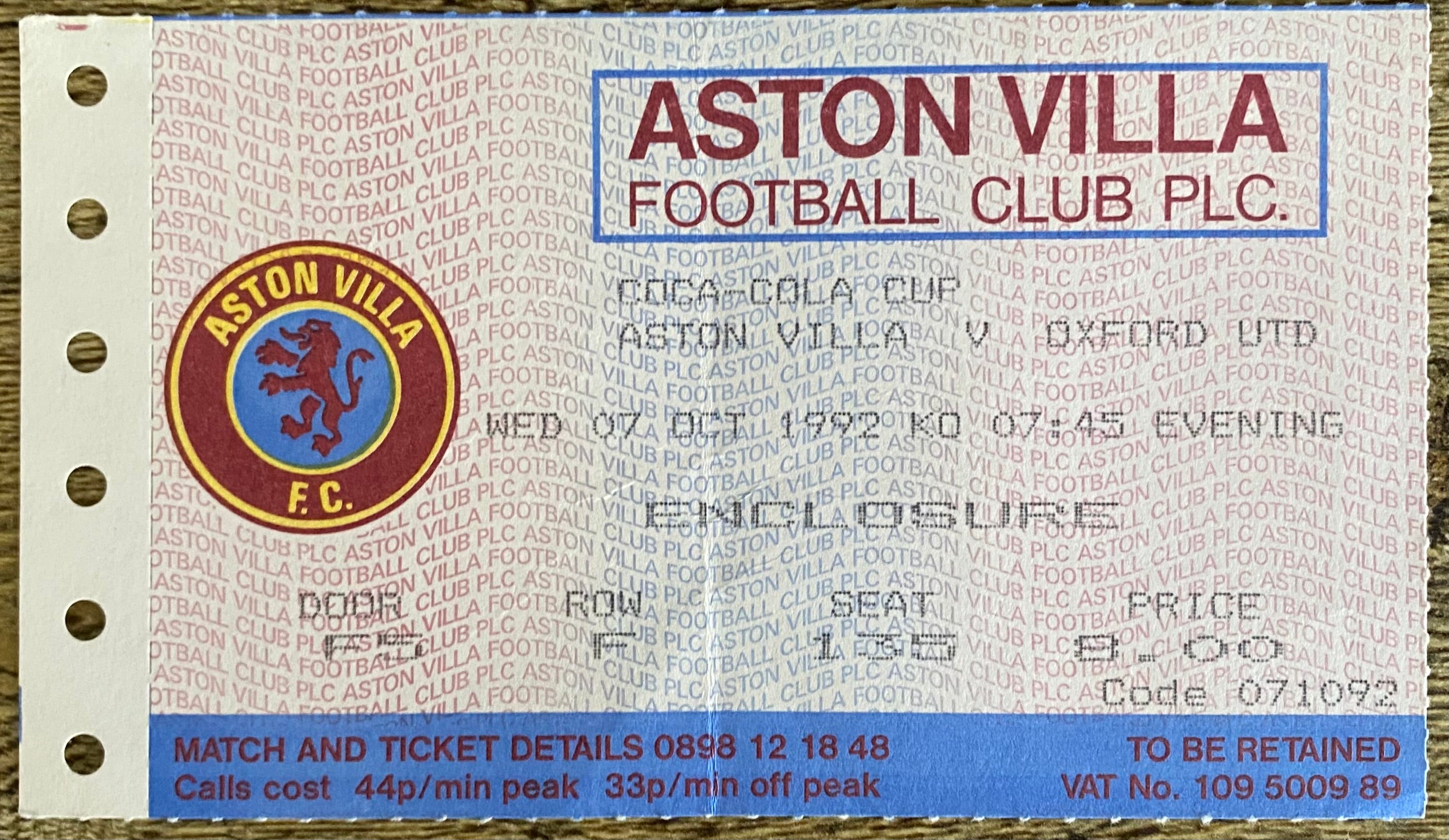 1992/93 ORIGINAL COCA COLA 2ND ROUND 2ND LEG TICKET ASTON VILLA V OXFORD UNITED