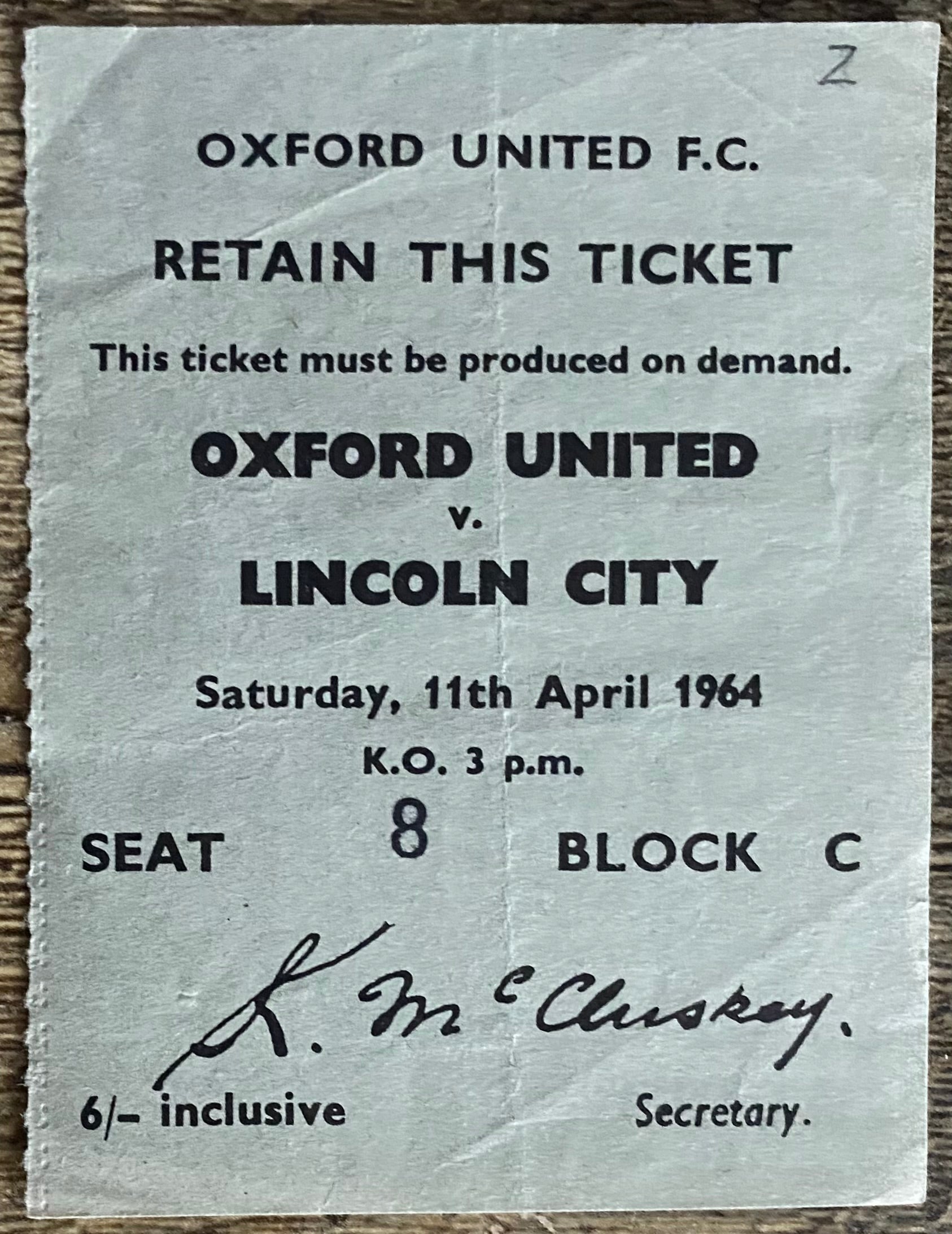 1963/64 ORIGINAL DIVISION 4 TICKET OXFORD UNITED V LINCOLN