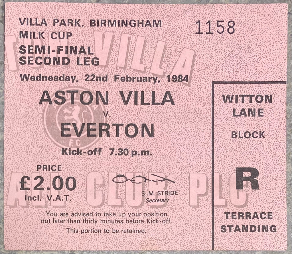 1983/84 ORIGINAL MILK CUP SEMI FINAL 2ND LEG TICKET ASTON VILLA V EVERTON