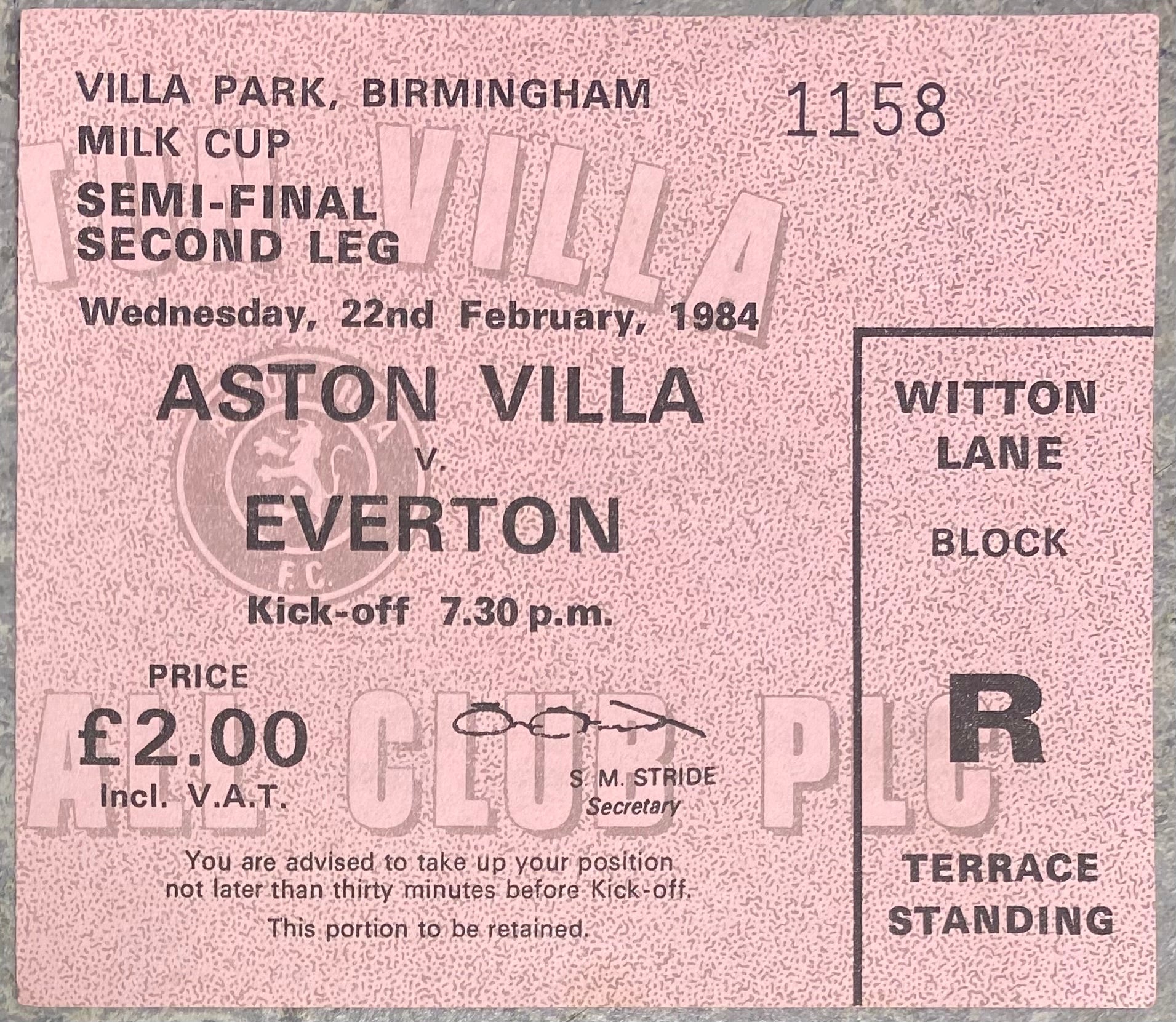 1983/84 ORIGINAL MILK CUP SEMI FINAL 2ND LEG TICKET ASTON VILLA V EVERTON