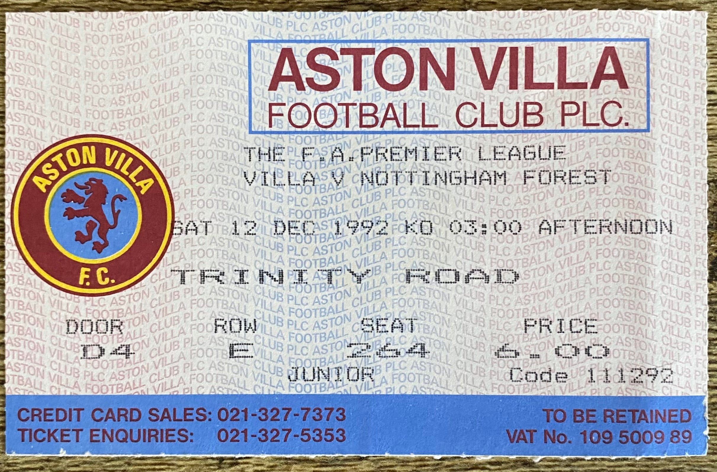 1992/93 ORIGINAL PREMIER LEAGUE TICKET ASTON VILLA V NOTTINGHAM FOREST