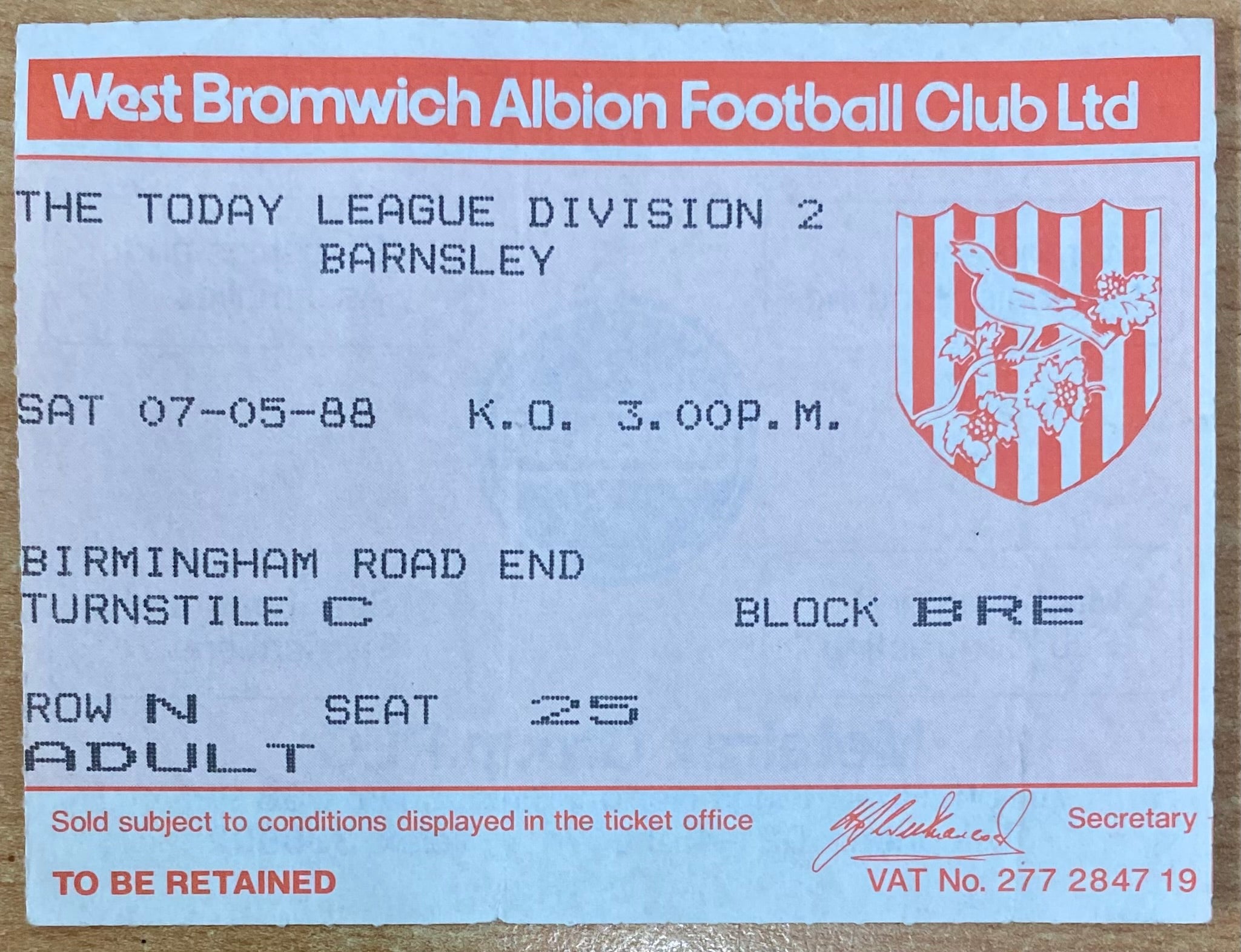 1987/88 ORIGINAL DIVISION 2 TICKET WEST BROMWICH ALBION V BARNSLEY