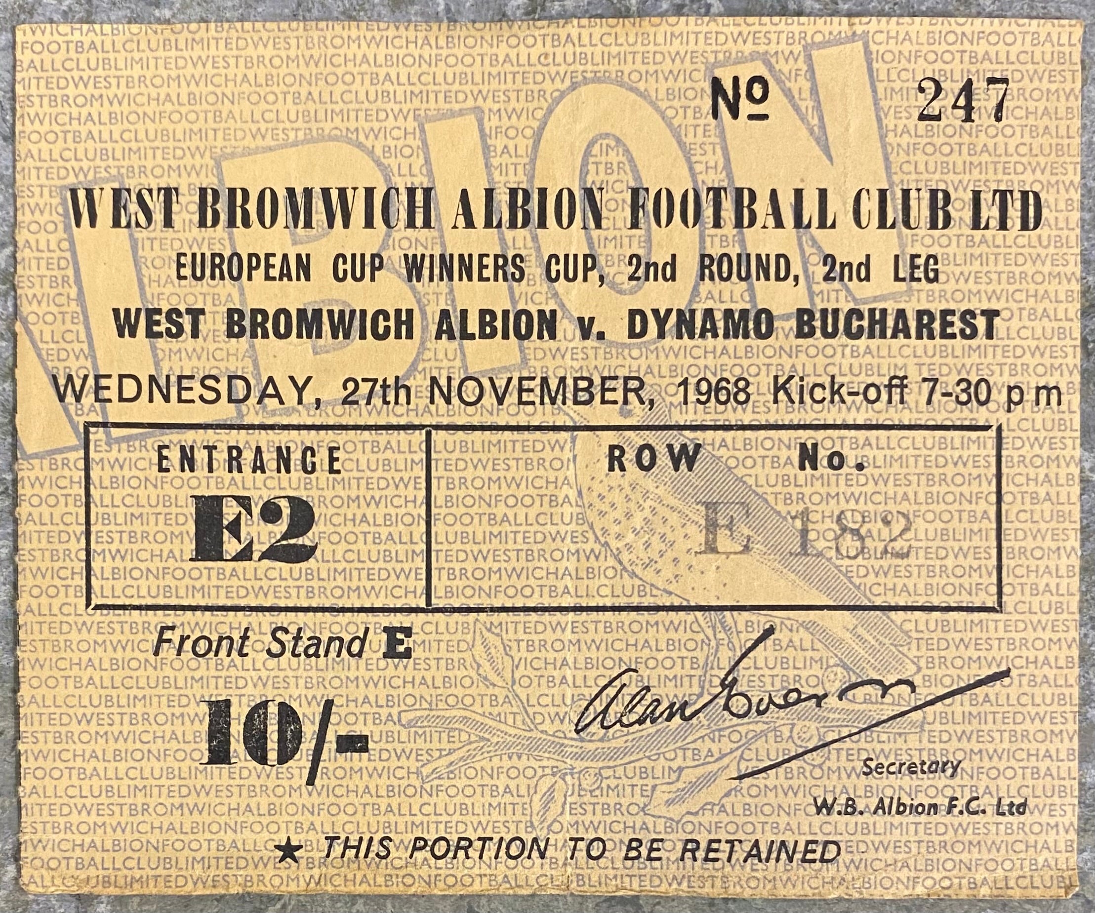 1968/69 ORIGINAL EUROPEAN CUP WINNERS CUP 2ND ROUND 2ND LEG TICKET WEST BROMWICH ALBION V DYNAMO BUCHAREST