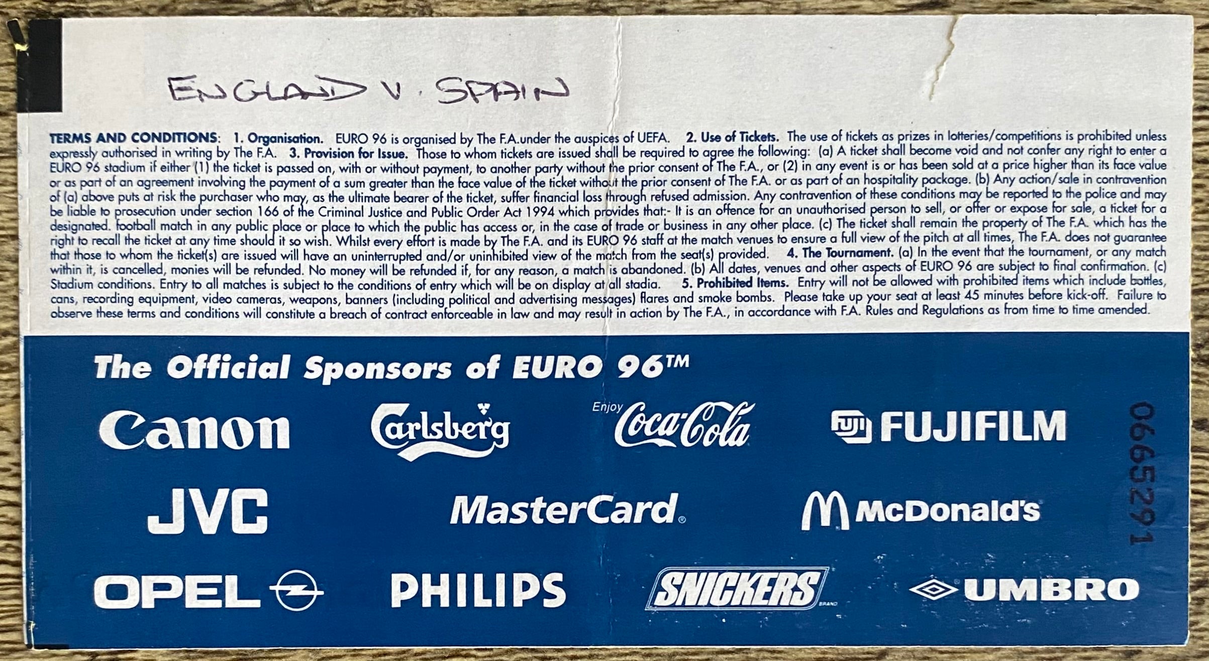 1996 ORIGINAL EUROPEAN CHAMPIONSHIPS EURO 96 QUARTER FINAL TICKET ENGLAND V SPAIN @ WEMBLEY