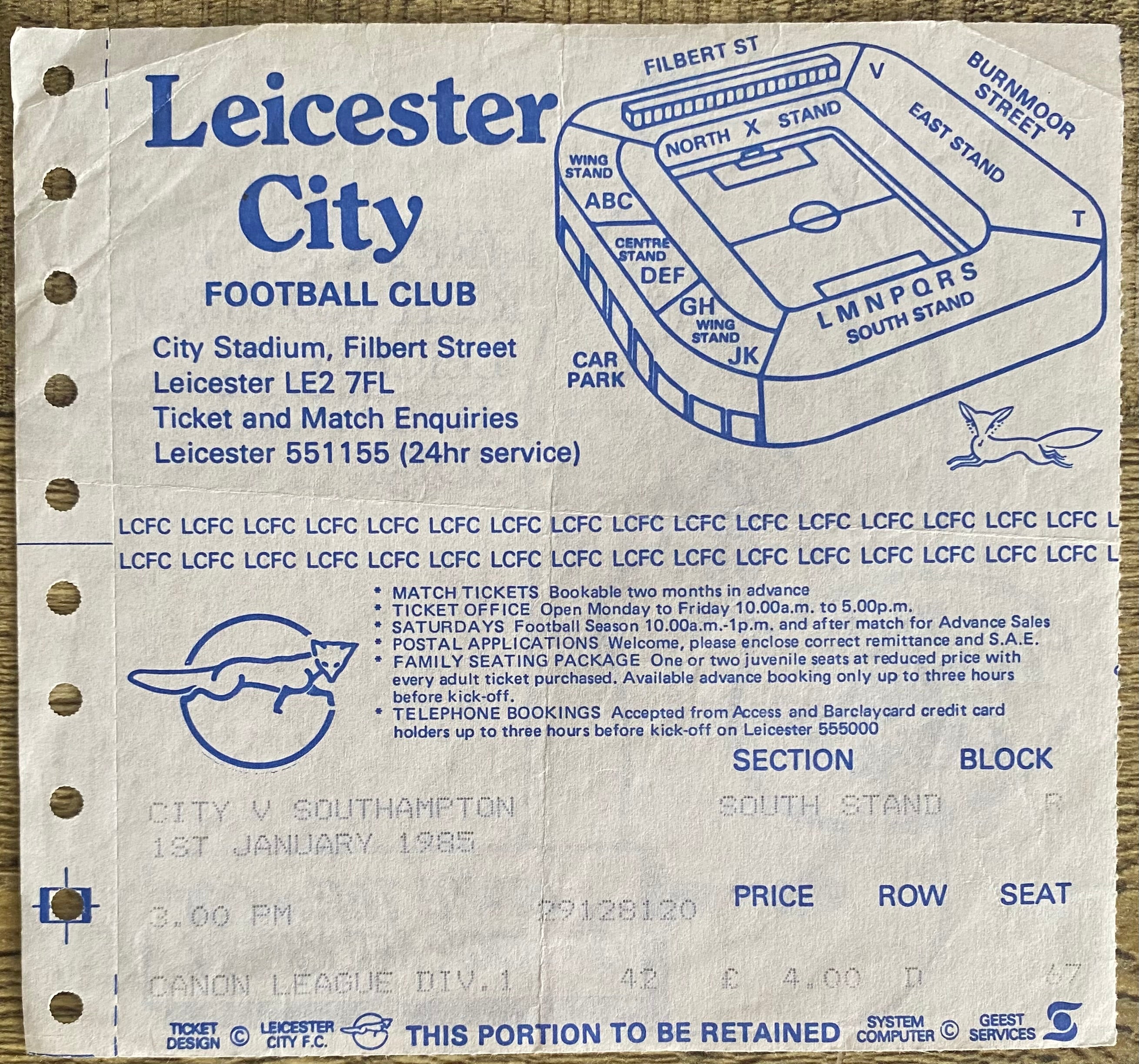 1984/85 ORIGINAL DIVISION 1 TICKET LEICESTER CITY V SOUTHAMPTON
