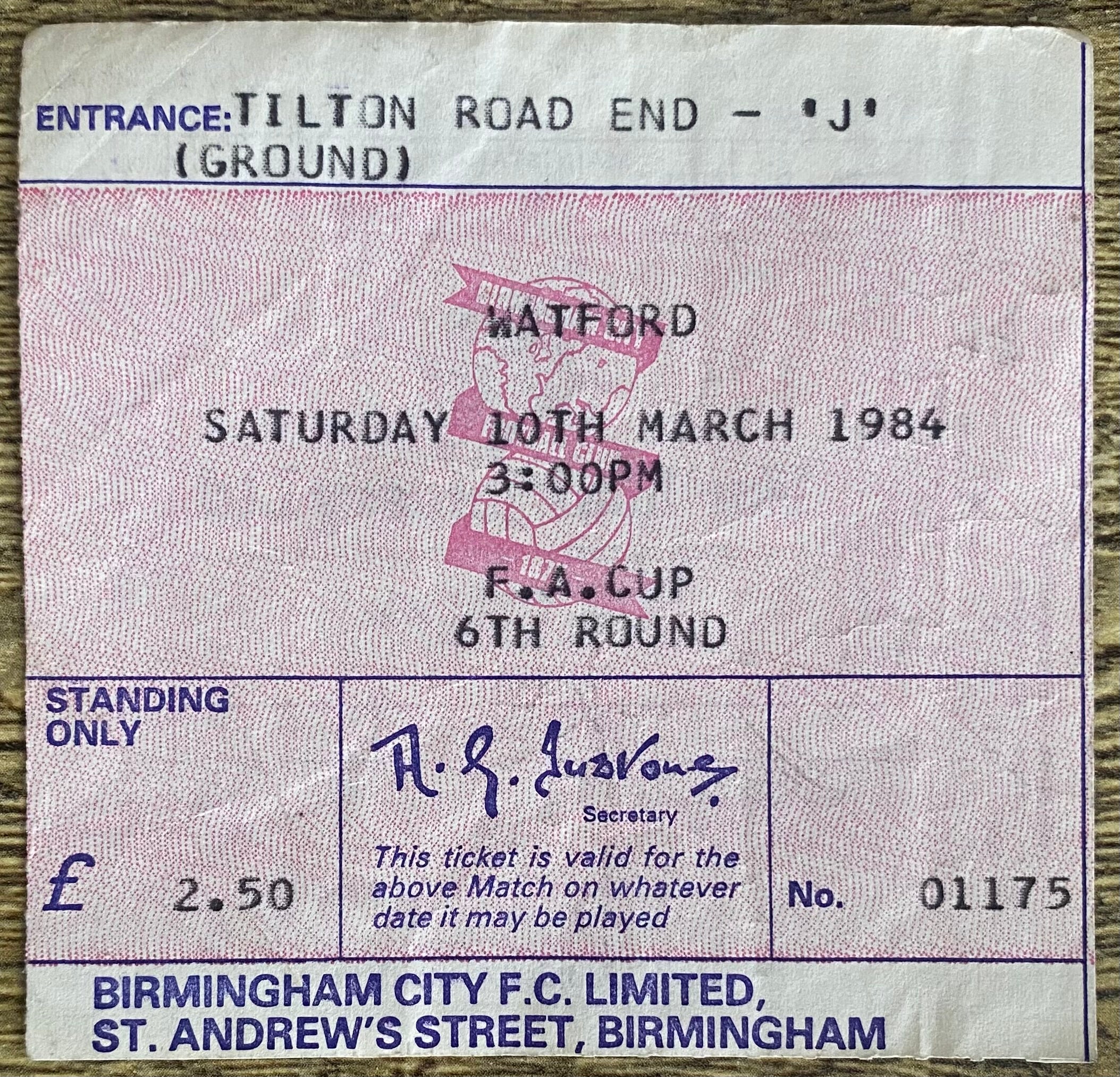 1983/84 ORIGINAL FA CUP 6TH ROUND TICKET BIRMINGHAM CITY V WATFORD