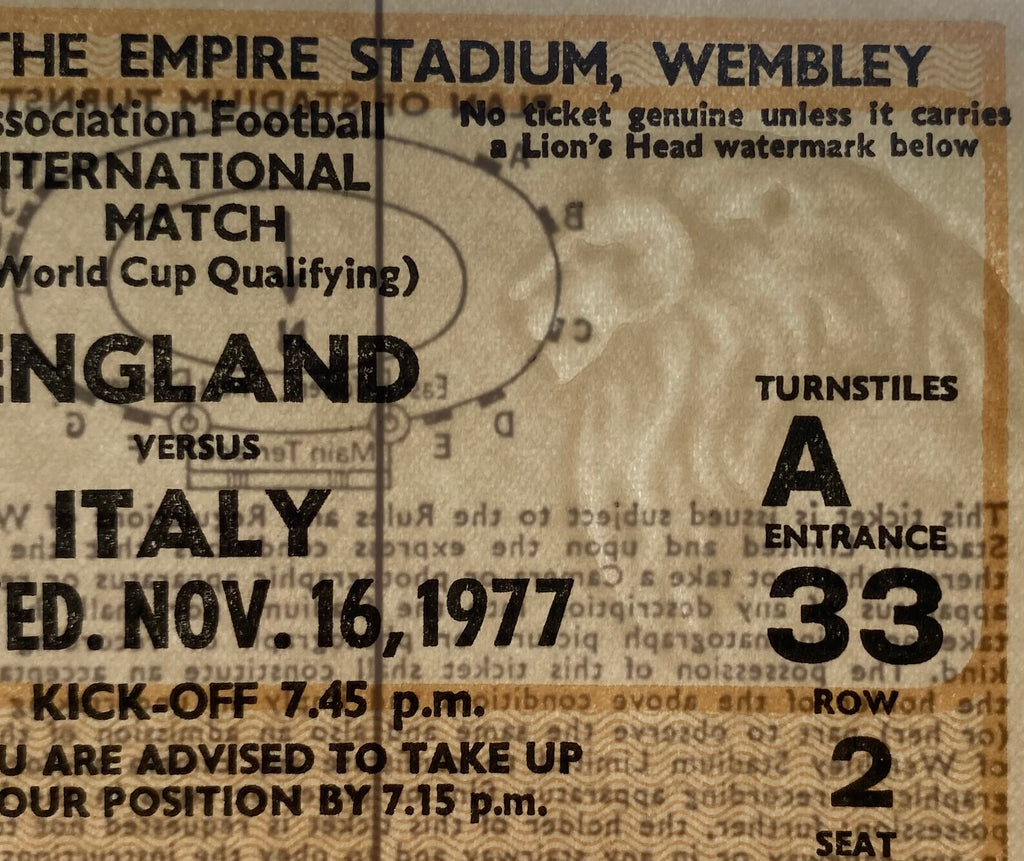 1977 ORIGINAL WORLD CUP QUALIFYING TICKET ENGLAND V ITALY