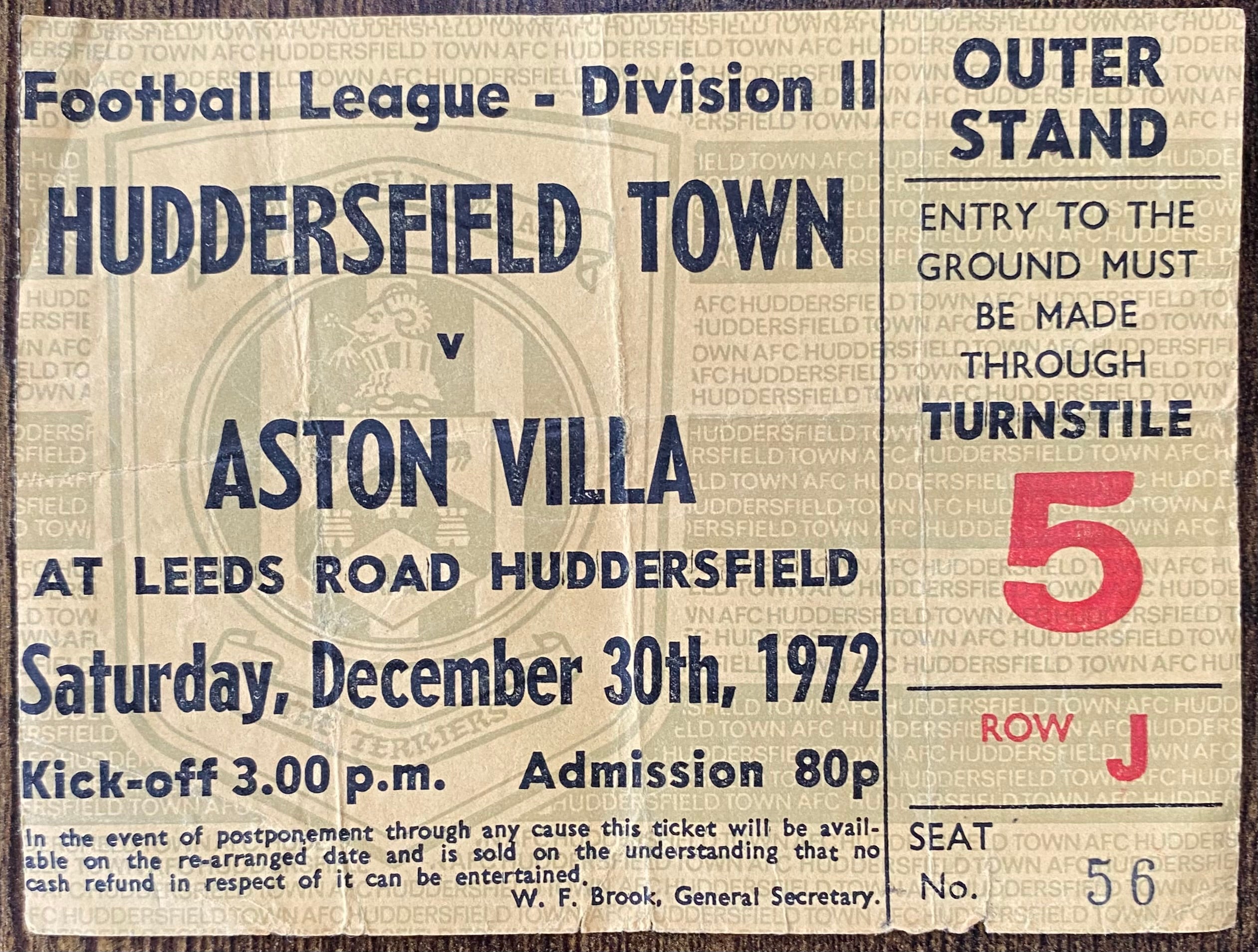 1972/73 ORIGINAL DIVISION 2 TICKET HUDDERSFIELD TOWN V ASTON VILLA