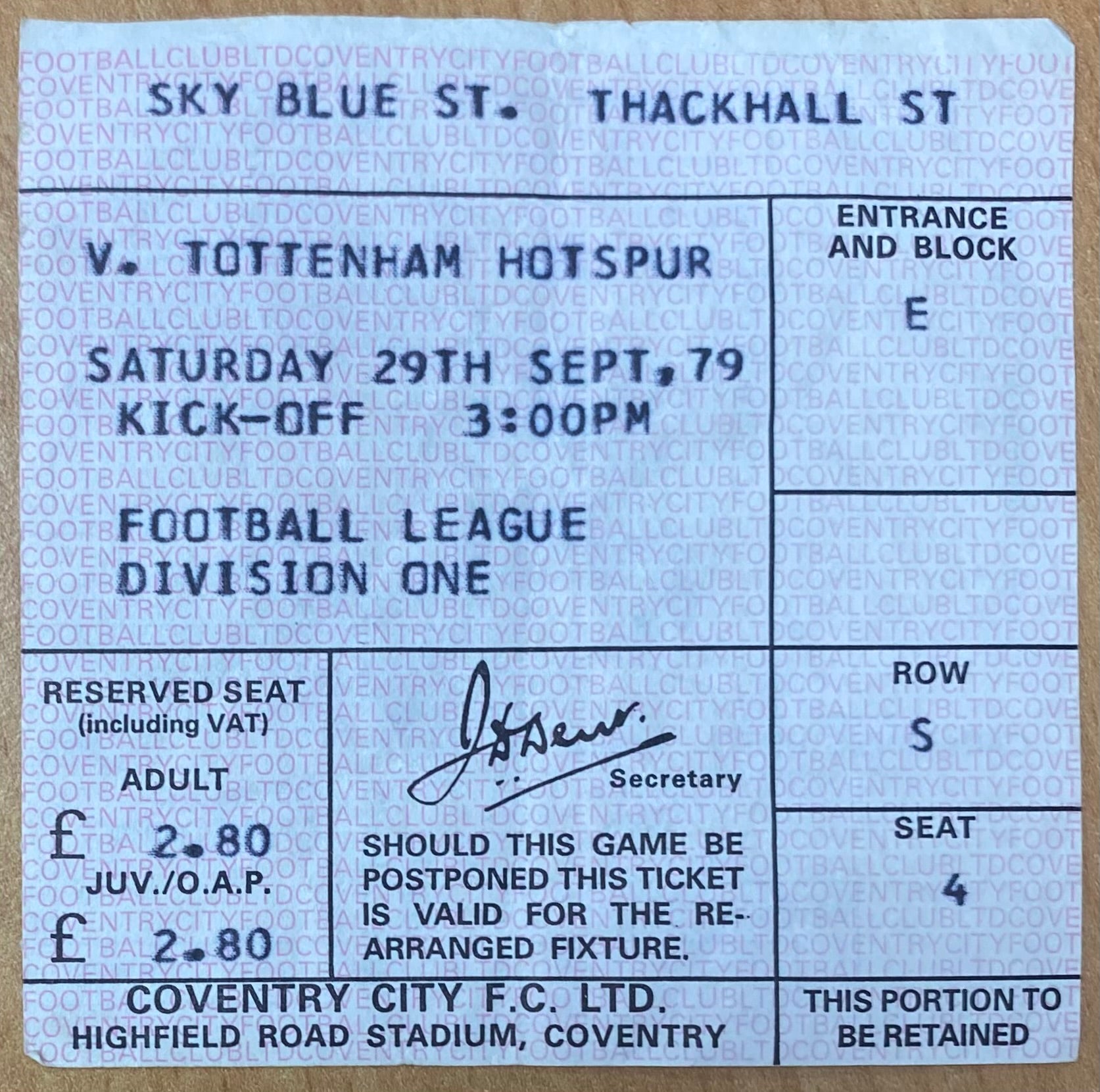 1979/80 ORIGINAL DIVISION ONE TICKET COVENTRY CITY V TOTTENHAM HOTSPUR