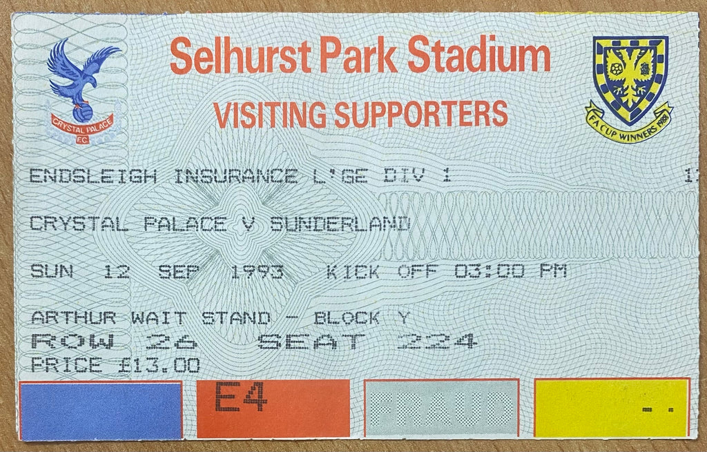 1993/94 ORIGINAL DIVISION 1 TICKET CRYSTAL PALACE V SUNDERLAND
