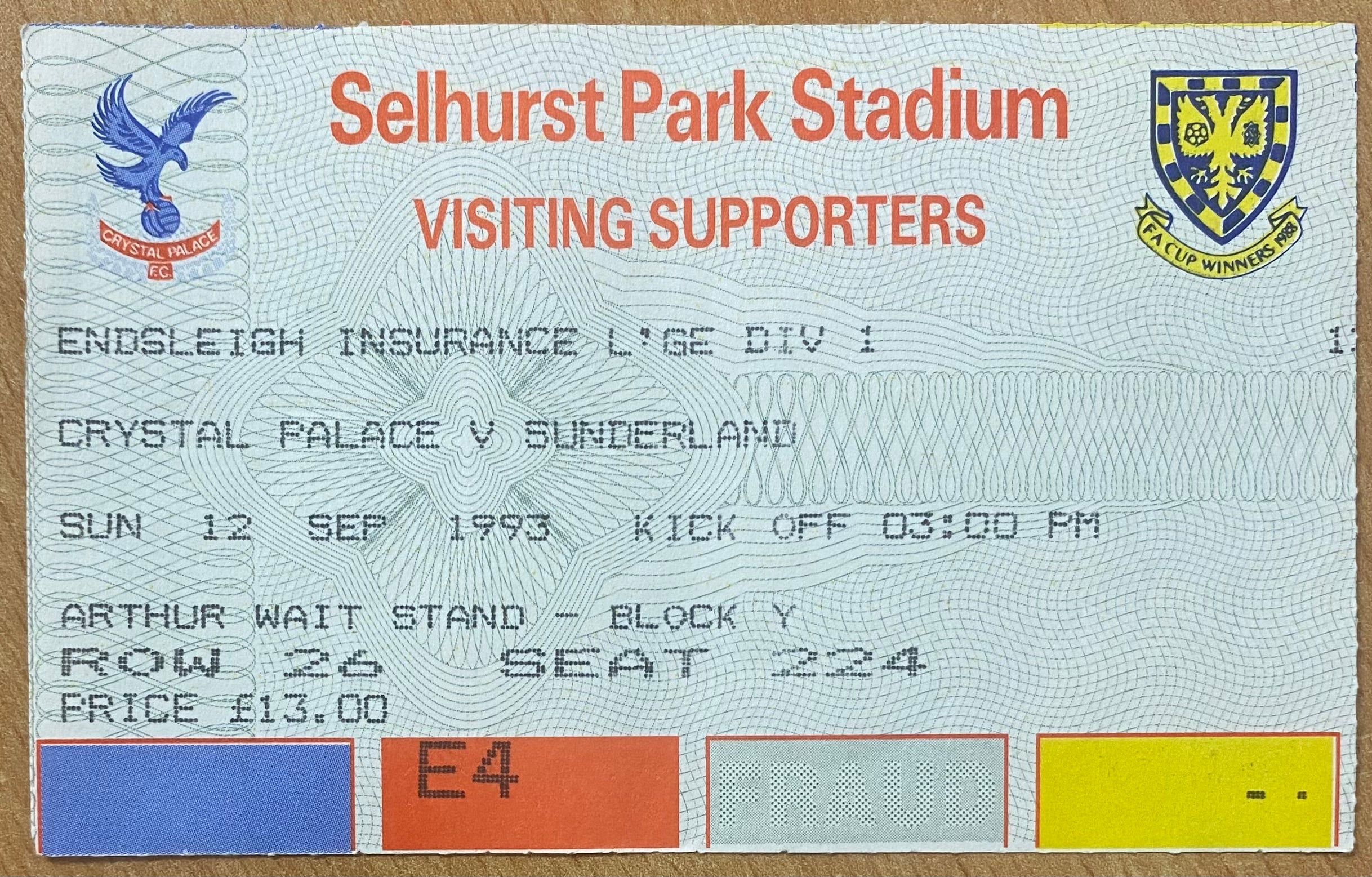 1993/94 ORIGINAL DIVISION 1 TICKET CRYSTAL PALACE V SUNDERLAND