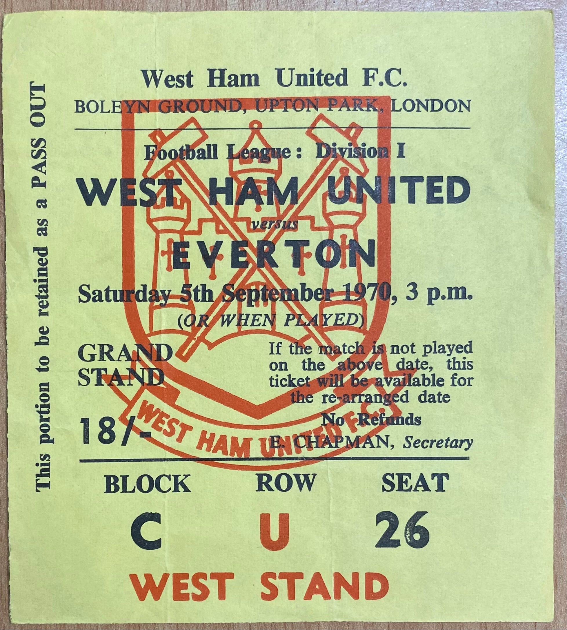 1970/71 ORIGINAL DIVISION 1 TICKET WEST HAM UNITED V EVERTON