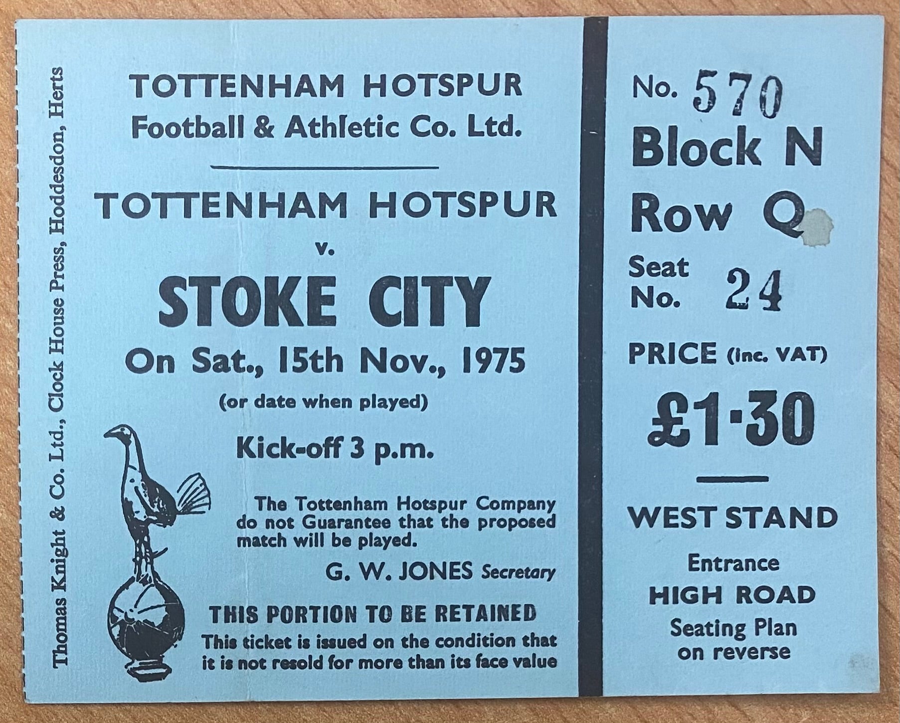 1975/76 ORIGINAL DIVISION ONE TICKET TOTTENHAM HOTSPUR V STOKE CITY