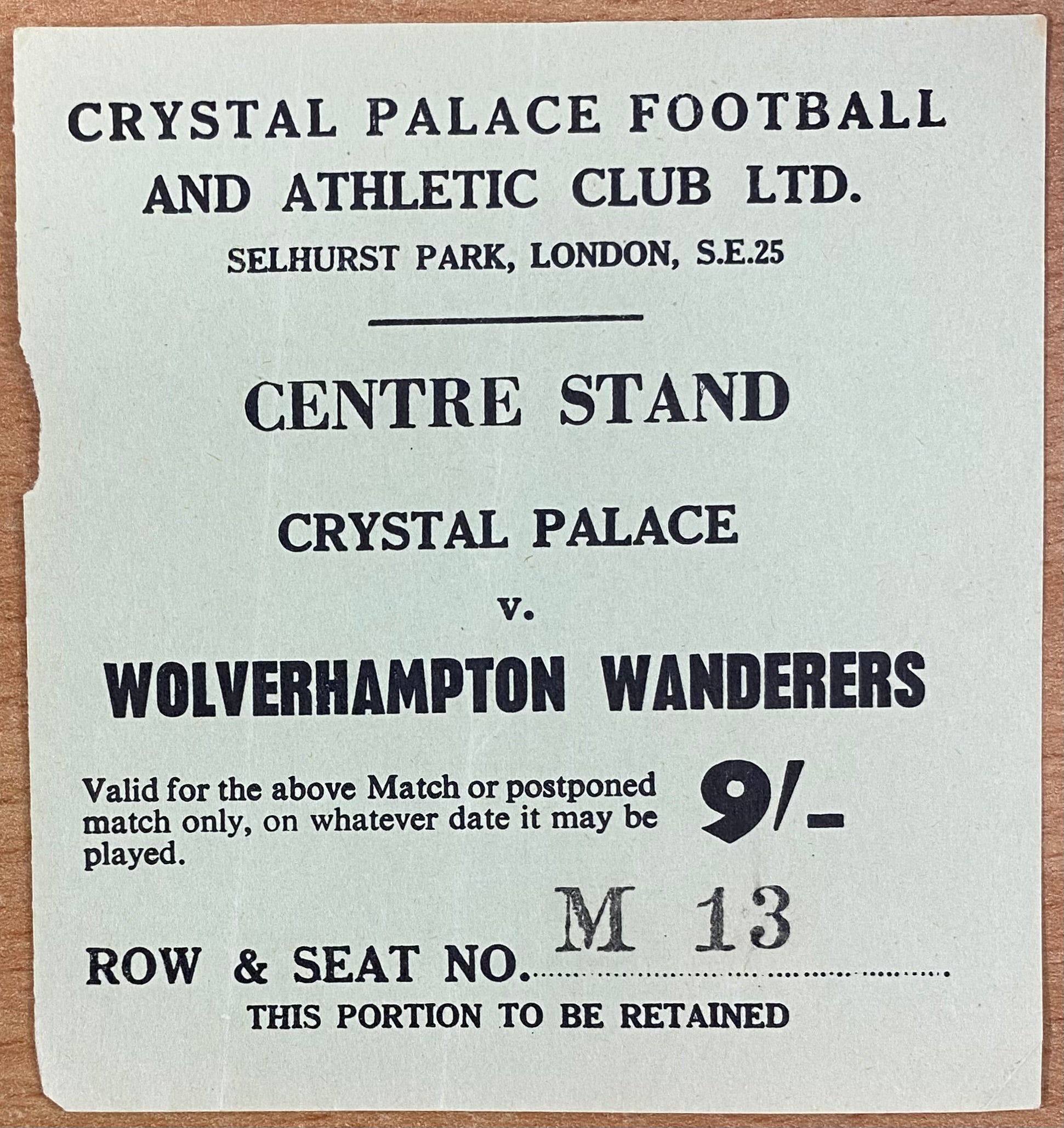 1966/67 ORIGINAL DIVISION 2 TICKET CRYSTAL PALACE V WOLVERHAMPTON WANDERERS