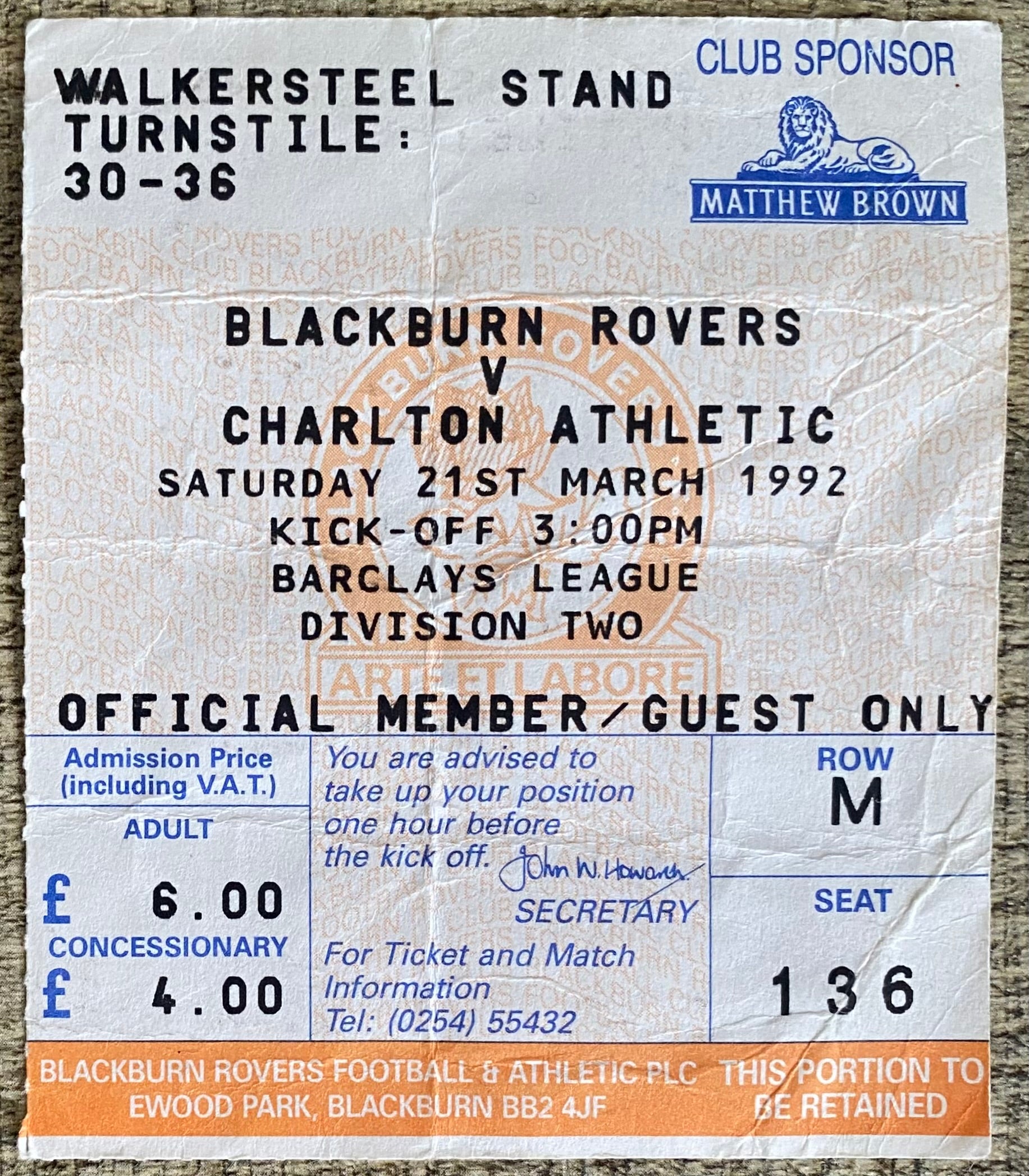 1991/92 ORIGINAL DIVISION 2 TICKET BLACKBURN ROVERS V CHARLTON ATHLETIC