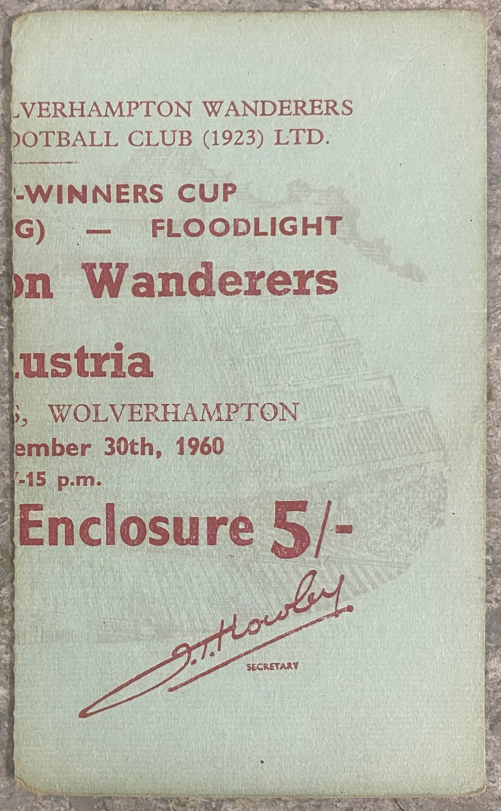 1960/61 ORIGINAL EUROPEAN CUP WINNERS CUP QUARTER FINAL 2ND LEG  TICKET WOLVERHAMPTON WANDERERS V FK AUSTRIA