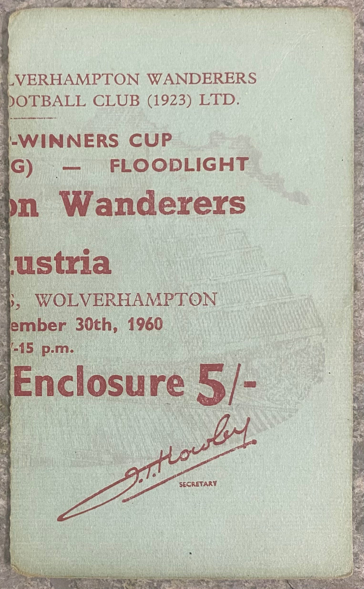 1960/61 ORIGINAL EUROPEAN CUP WINNERS CUP QUARTER FINAL 2ND LEG  TICKET WOLVERHAMPTON WANDERERS V FK AUSTRIA