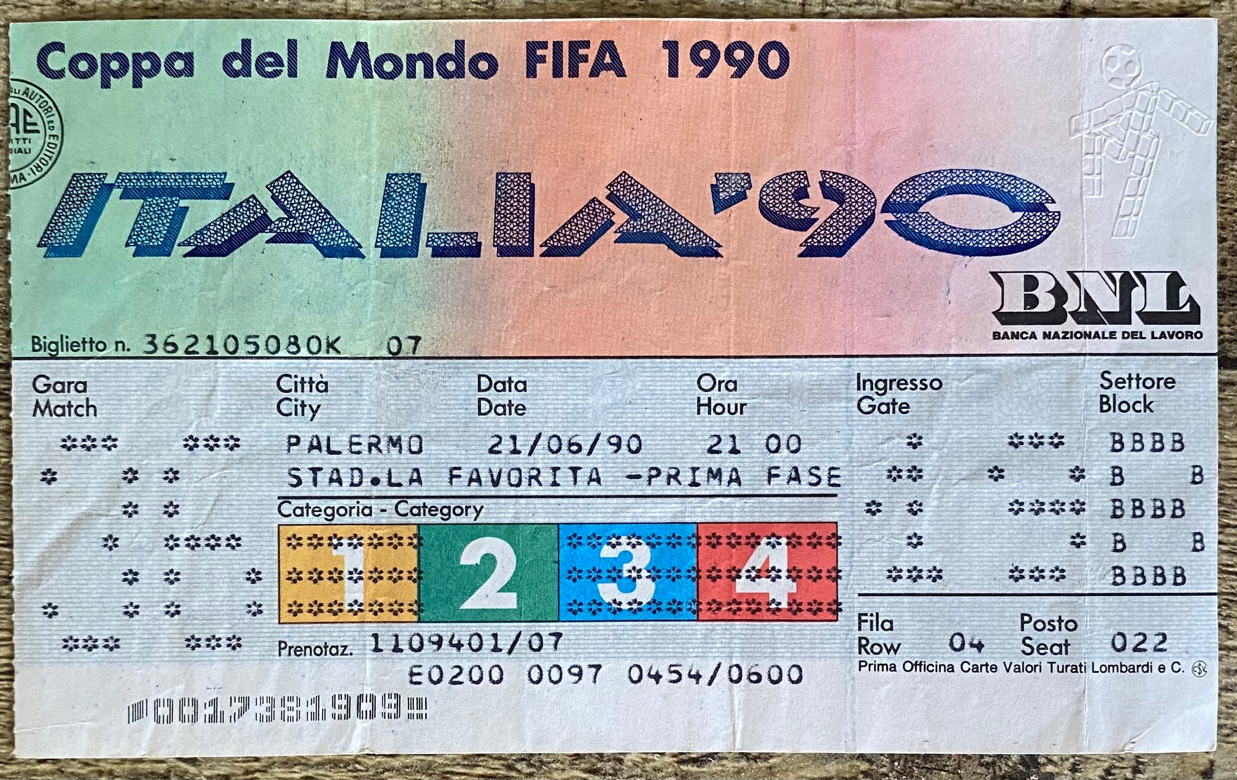 1990 ORIGINAL WORLD CUP 1ST ROUND TICKET REPUBLIC OF IRELAND V NETHERLANDS @ PALERMO