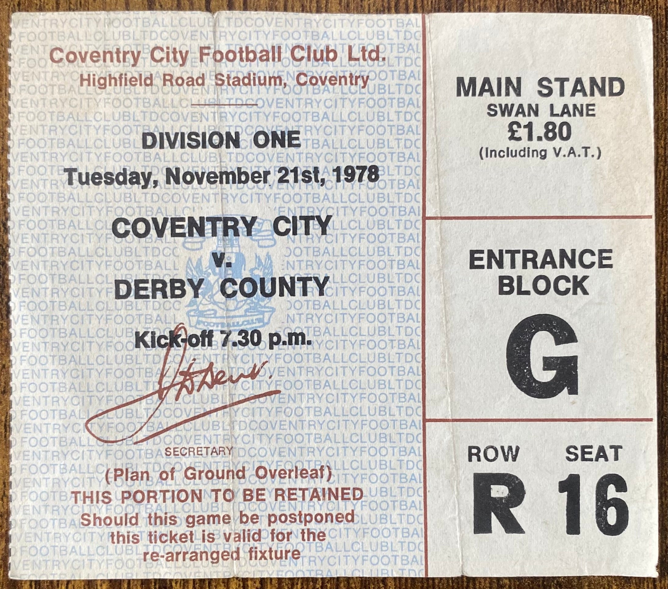 1978/79 ORIGINAL DIVISION 1 TICKET COVENTRY CITY V DERBY COUNTY
