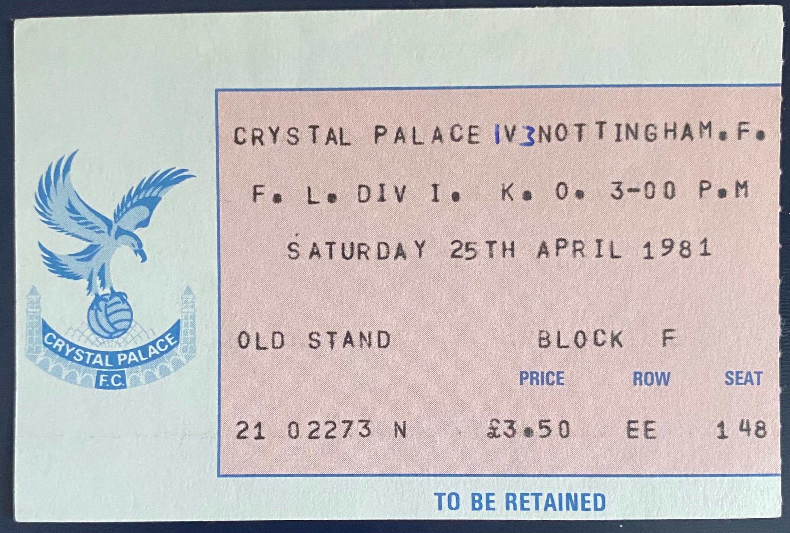 1980/81 ORIGINAL DIVISION 1 TICKET CRYSTAL PALACE V NOTTINGHAM FOREST