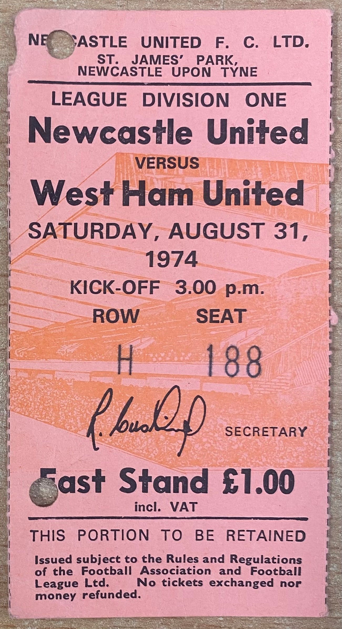 1974/75 ORIGINAL DIVISION 1 TICKET NEWCASTLE UNITED V WEST HAM UNITED