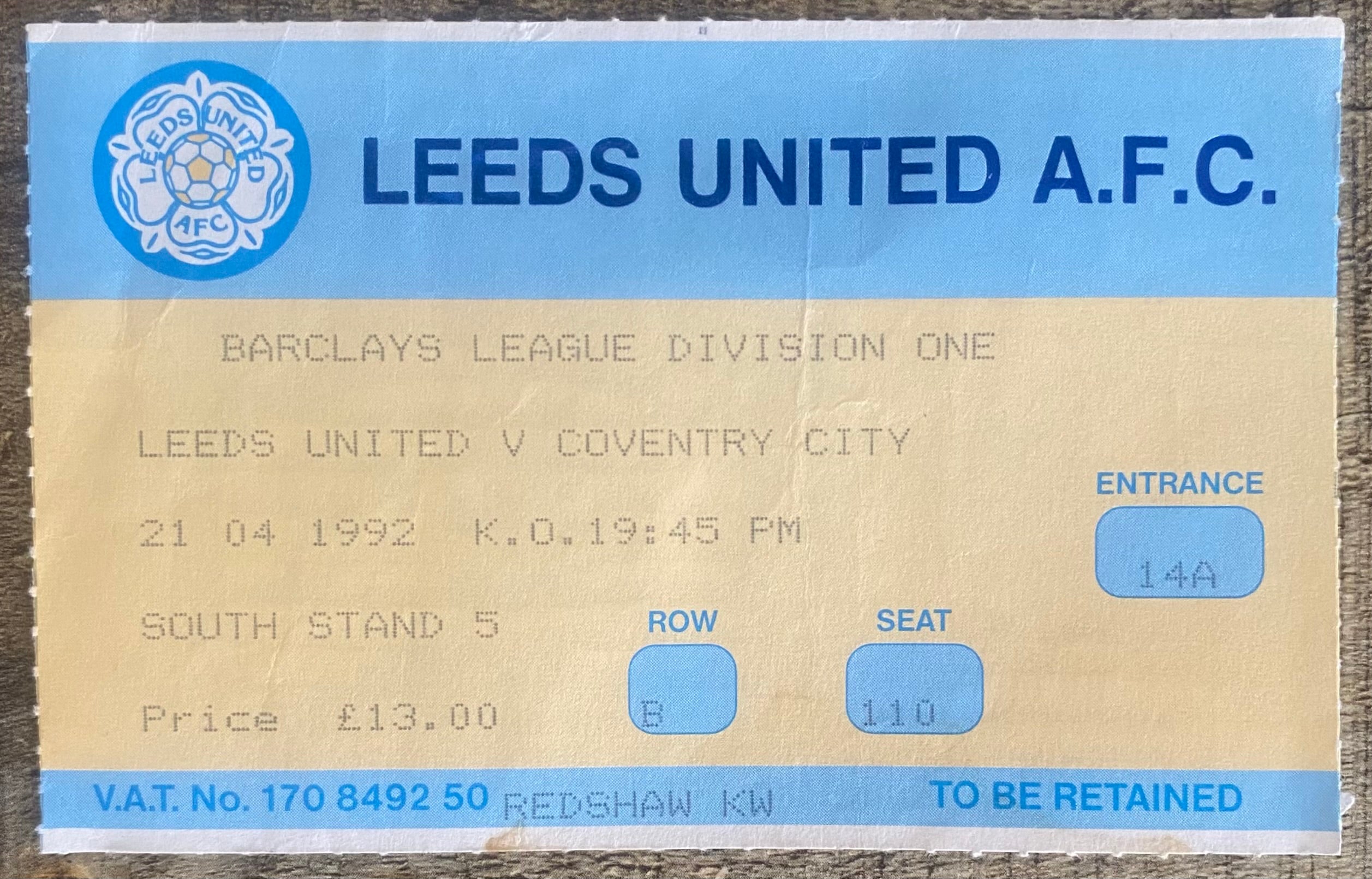1991/92 ORIGINAL DIVISION 1 TICKET LEEDS UNITED V COVENTRY CITY