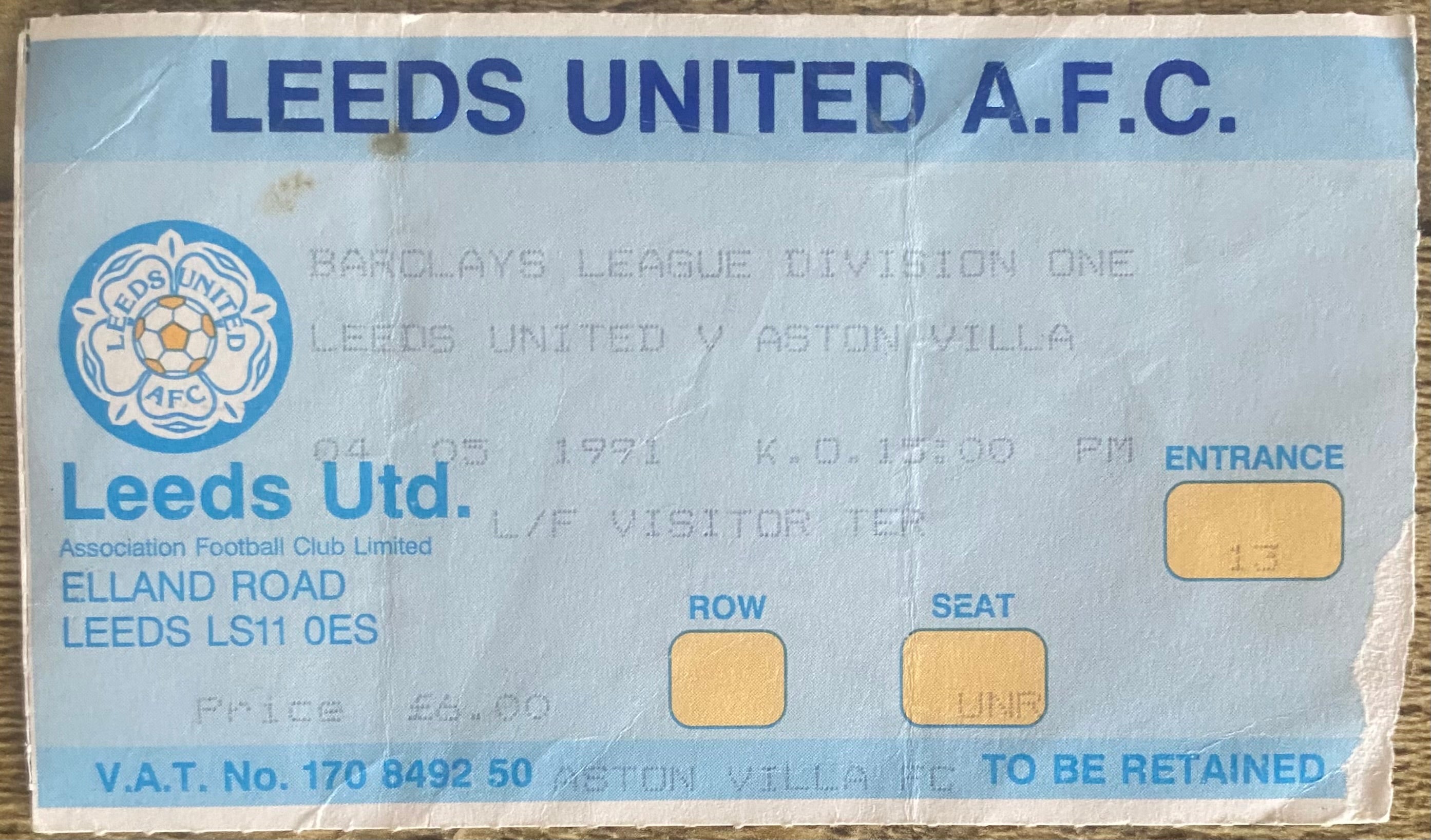1990/91 ORIGINAL DIVISION 1 TICKET LEEDS UNITED V ASTON VILLA