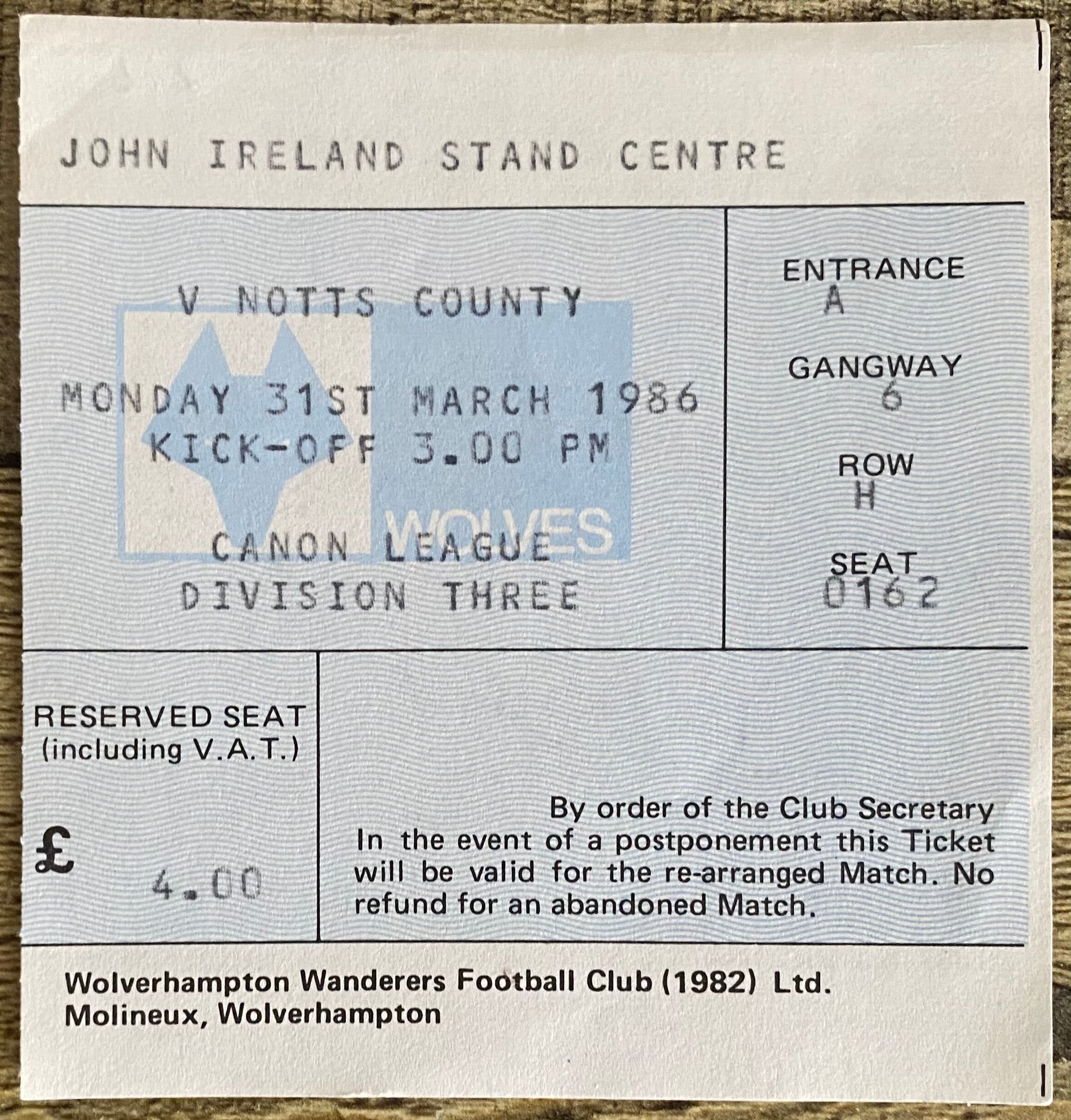 1985/86 ORIGINAL DIVISION 3 TICKET WOLVERHAMPTON WANDERERS V NOTTS COUNTY