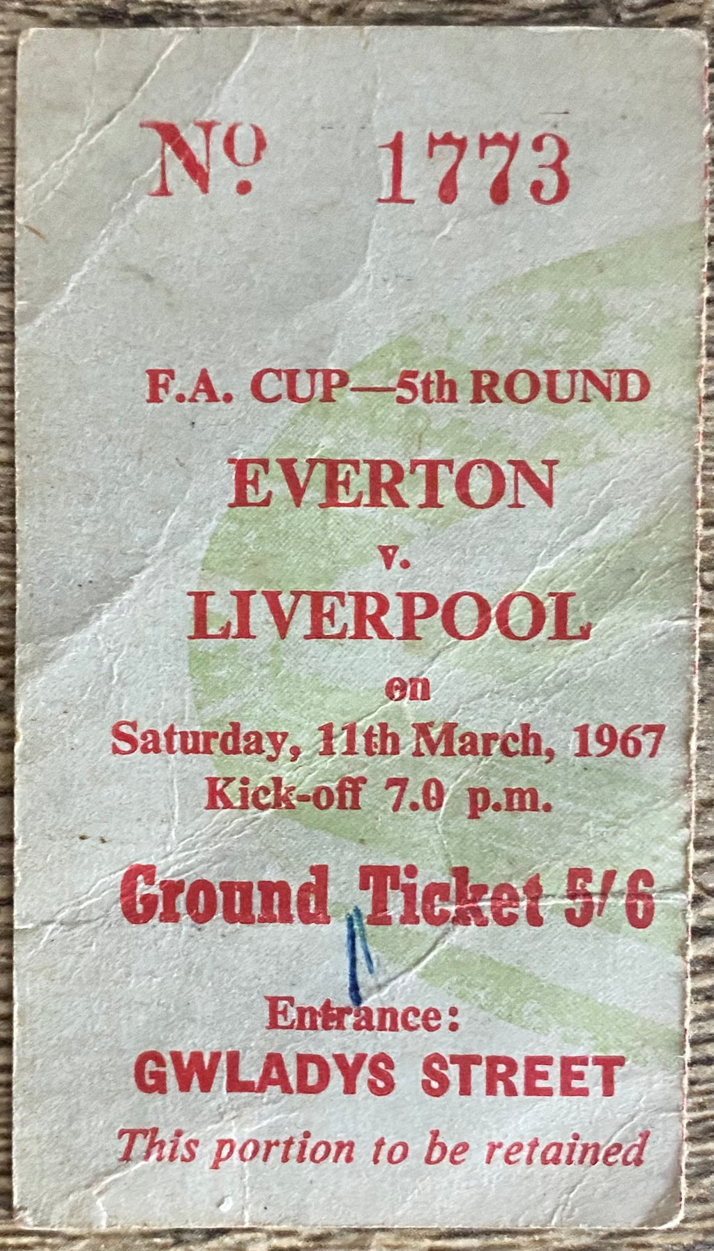 1966/67 ORIGINAL FA CUP 5TH ROUND TICKET EVERTON V LIVERPOOL