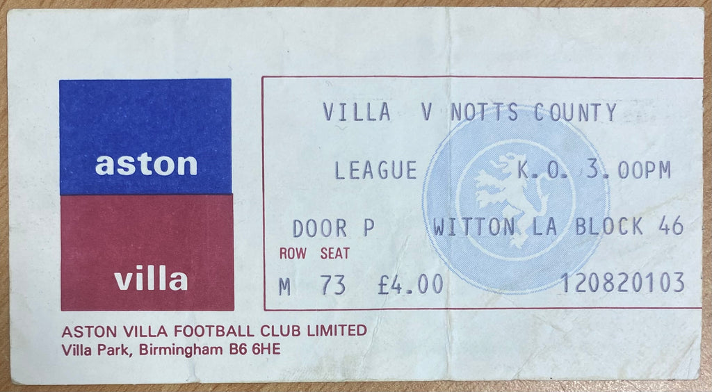 1981/82 ORIGINAL DIVISION 1 TICKET ASTON VILLA V NOTTS COUNTY