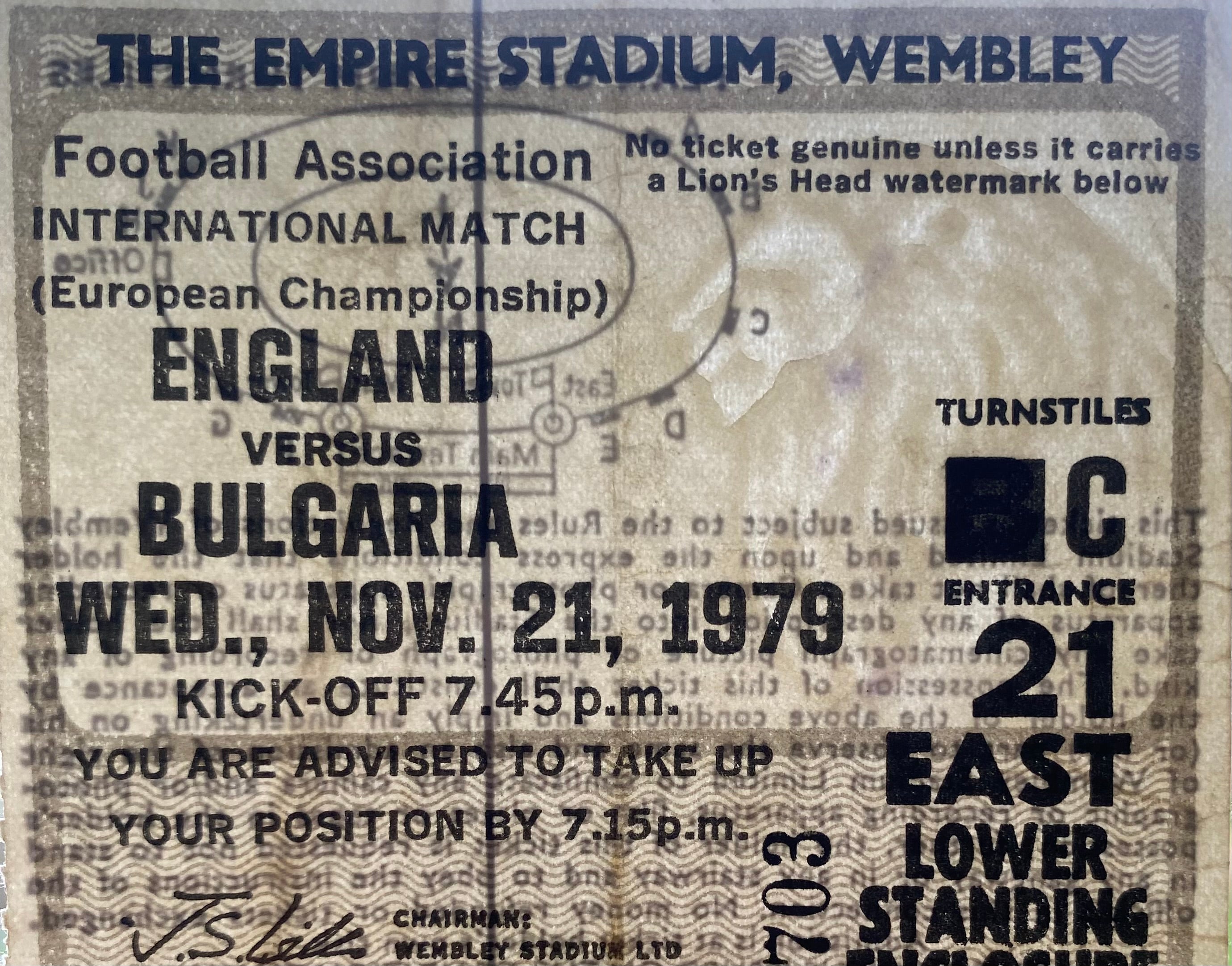 1979 ORIGINAL EUROPEAN CHAMPIONSHIPS QUALIFYING TICKET ENGLAND V BULGARIA