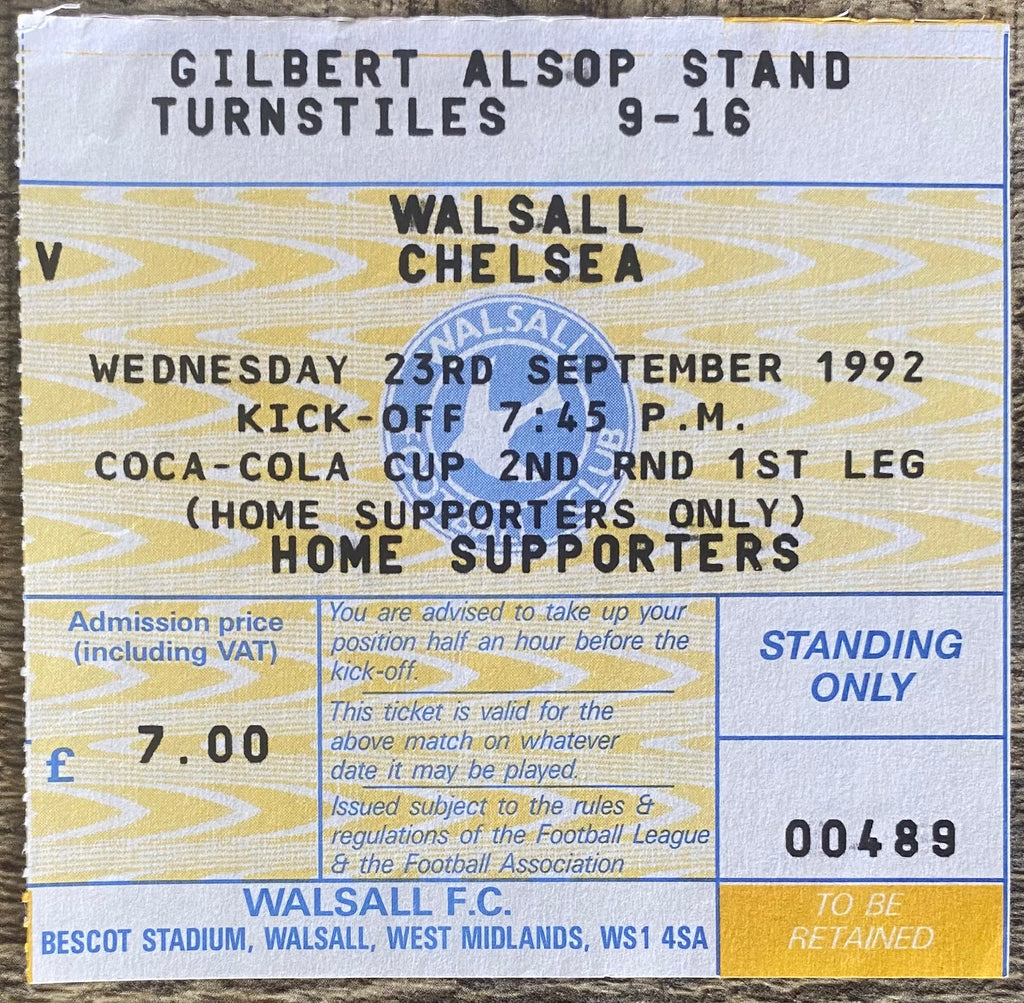 1992/93 ORIGINAL COCA COLA CUP 2ND ROUND 1ST LEG TICKET WALSALL V CHELSEA