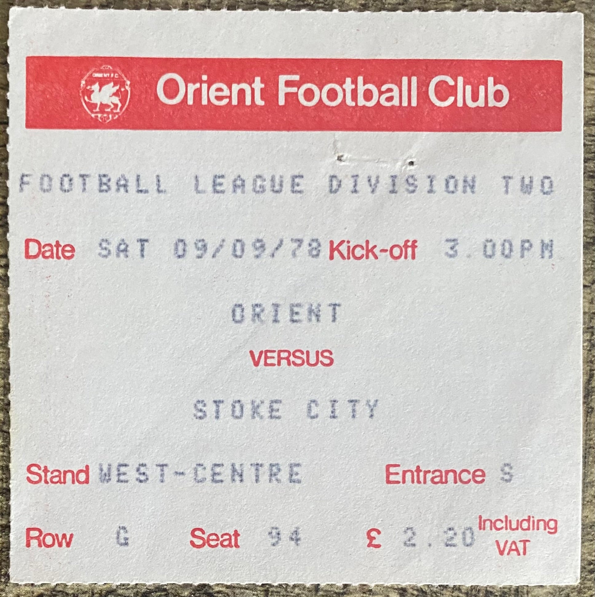 1978/79 ORIGINAL DIVISION 2 TICKET ORIENT V STOKE CITY