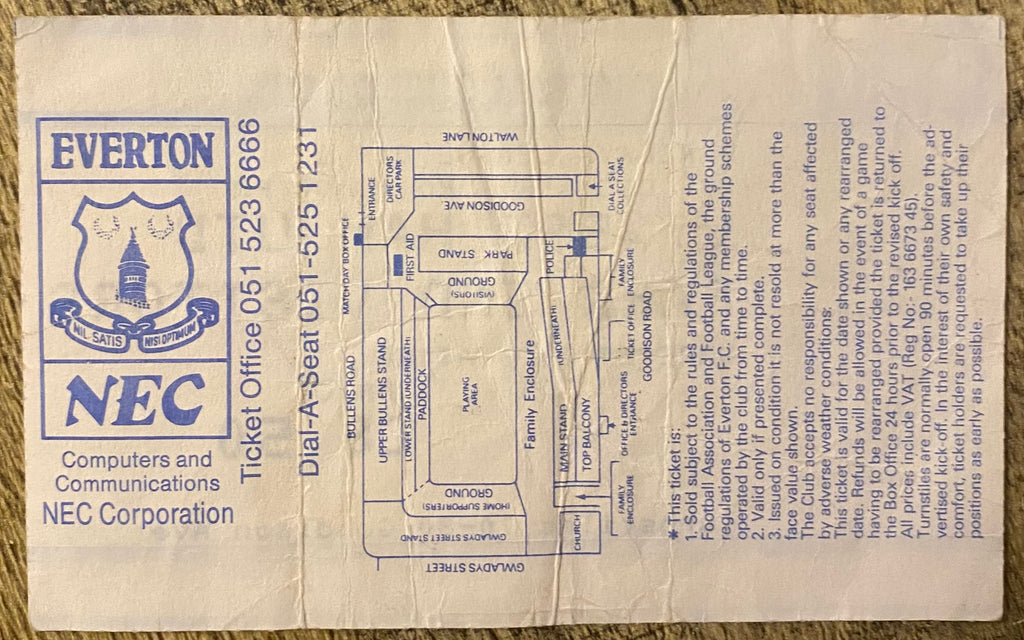 1991/92 ORIGINAL DIVISION ONE TICKET EVERTON V WEST HAM UNITED