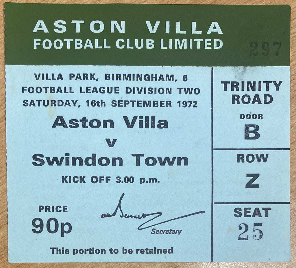 1972/73 ORIGINAL DIVISION 2 TICKET ASTON VILLA V SWINDON TOWN